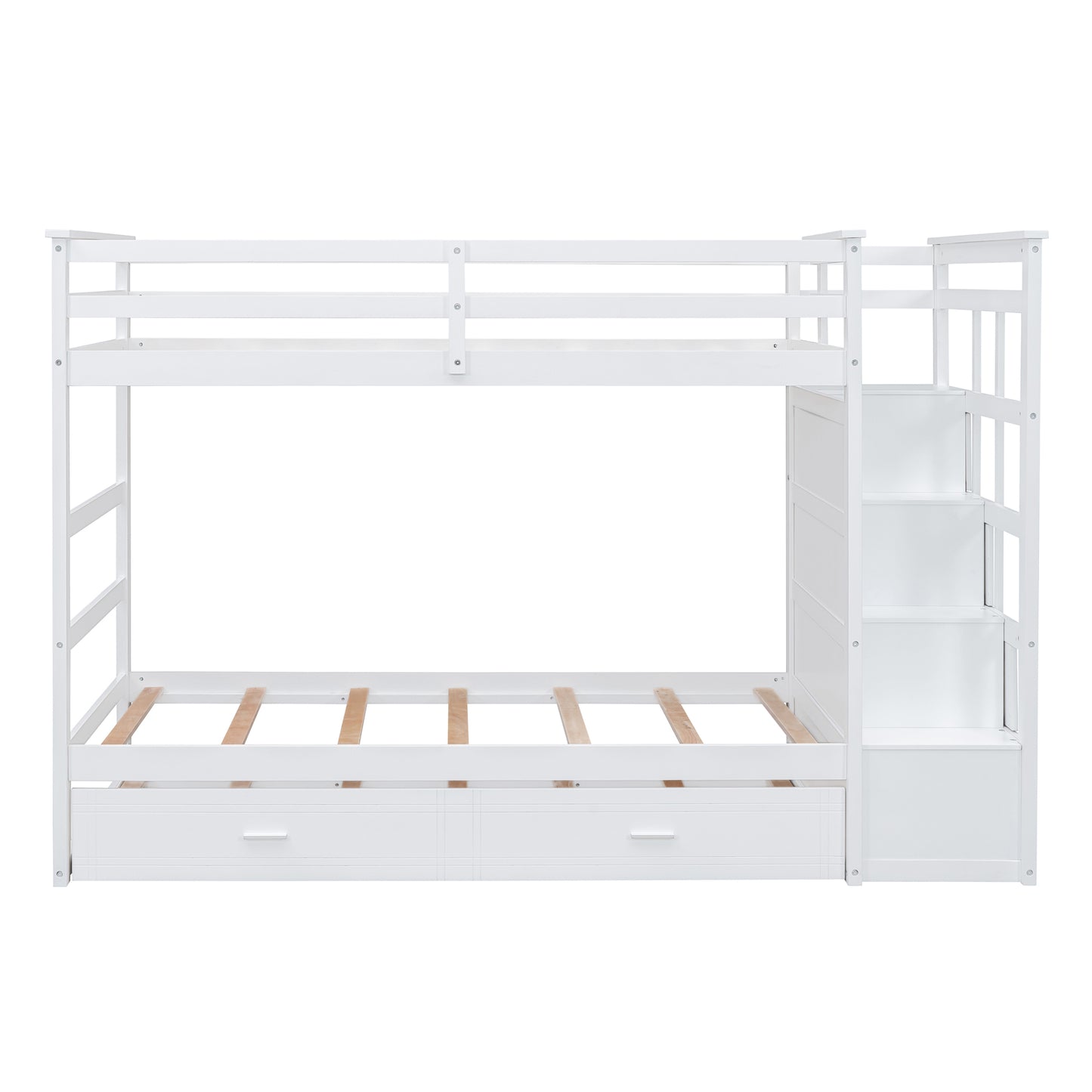 White Twin Over Twin Bunk Bed with Trundle, Staircase, and Storage Drawers