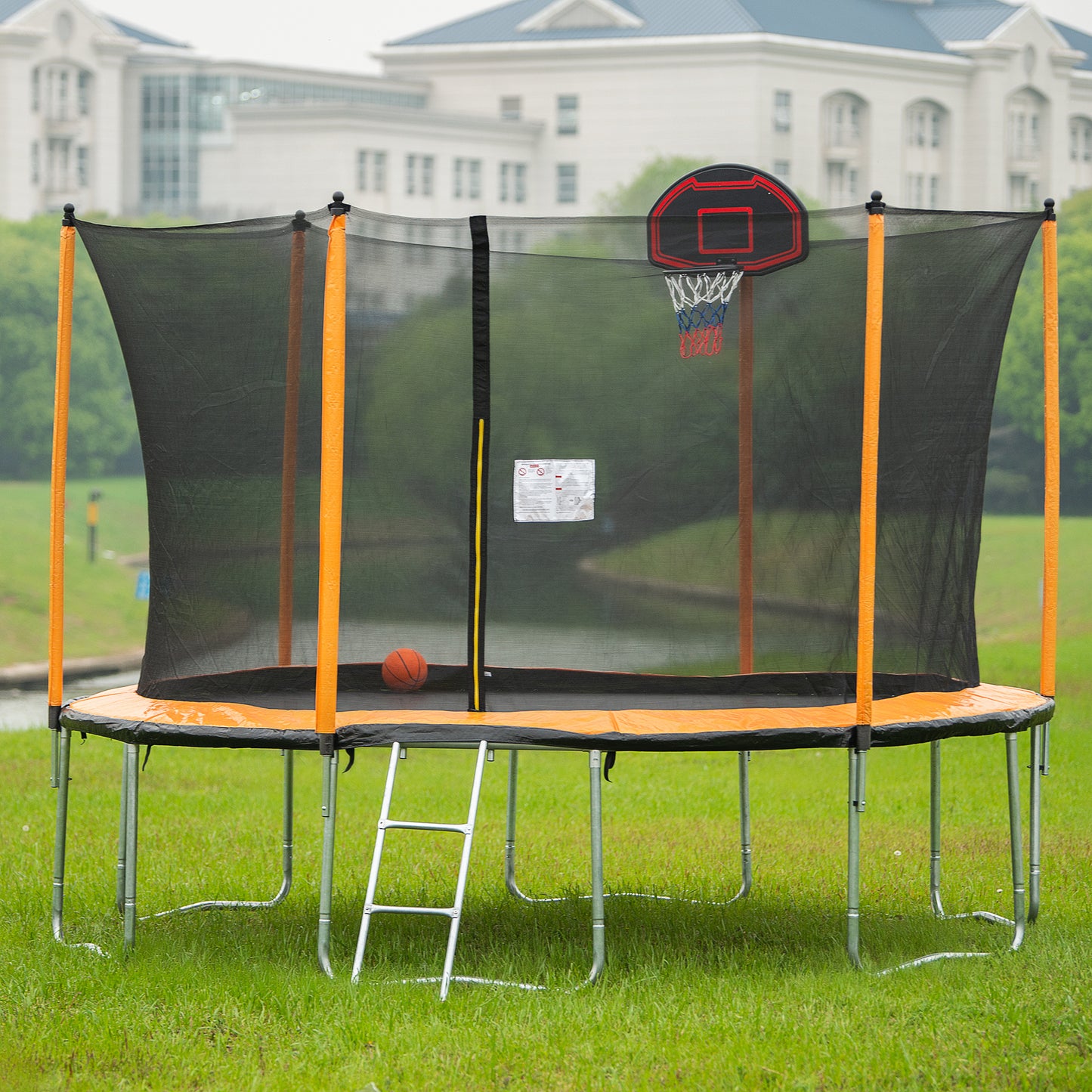 15FT Trampoline with Basketball Hoop Inflator and Ladder(Inner Safety Enclosure) Orange