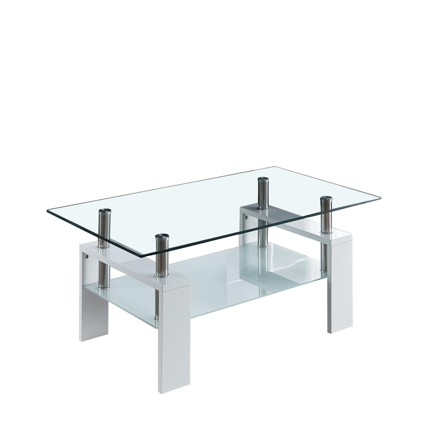 Rectangular Artisan Coffee Table with Dual Storage Shelf, Elegant White Design