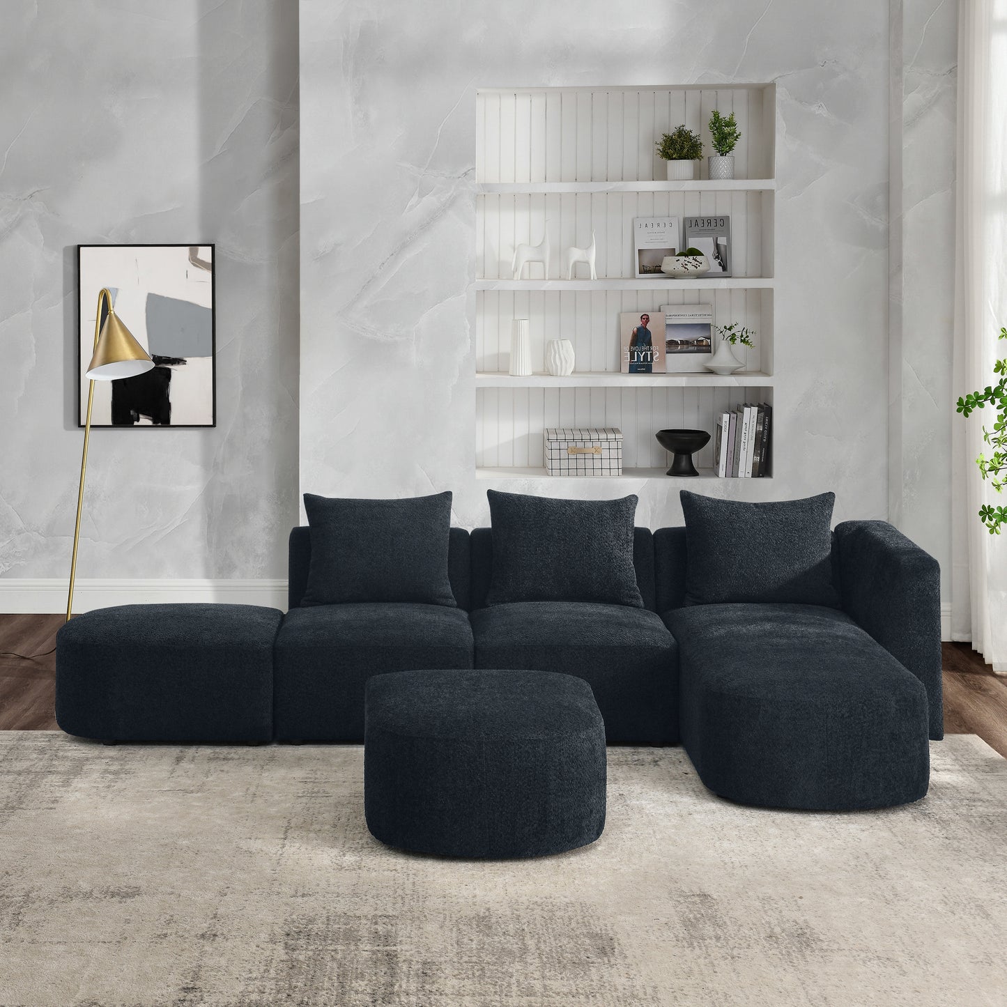 L Shape Sectional Sofa with Right Side Chaise and Ottoman, Modular Sofa, DIY Combination, Loop Yarn Fabric, Black