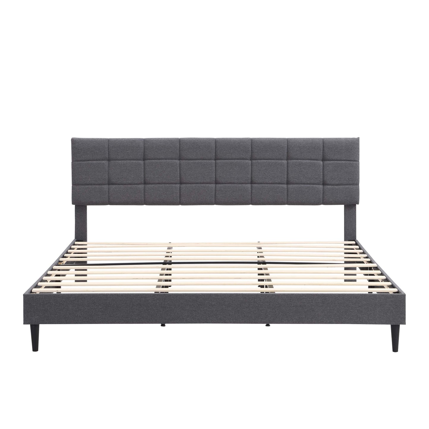 King Size Platform Bed Frame with Fabric Upholstered Headboard and Wooden Slats, No Box Spring Needed/Easy Assembly, Dark Grey