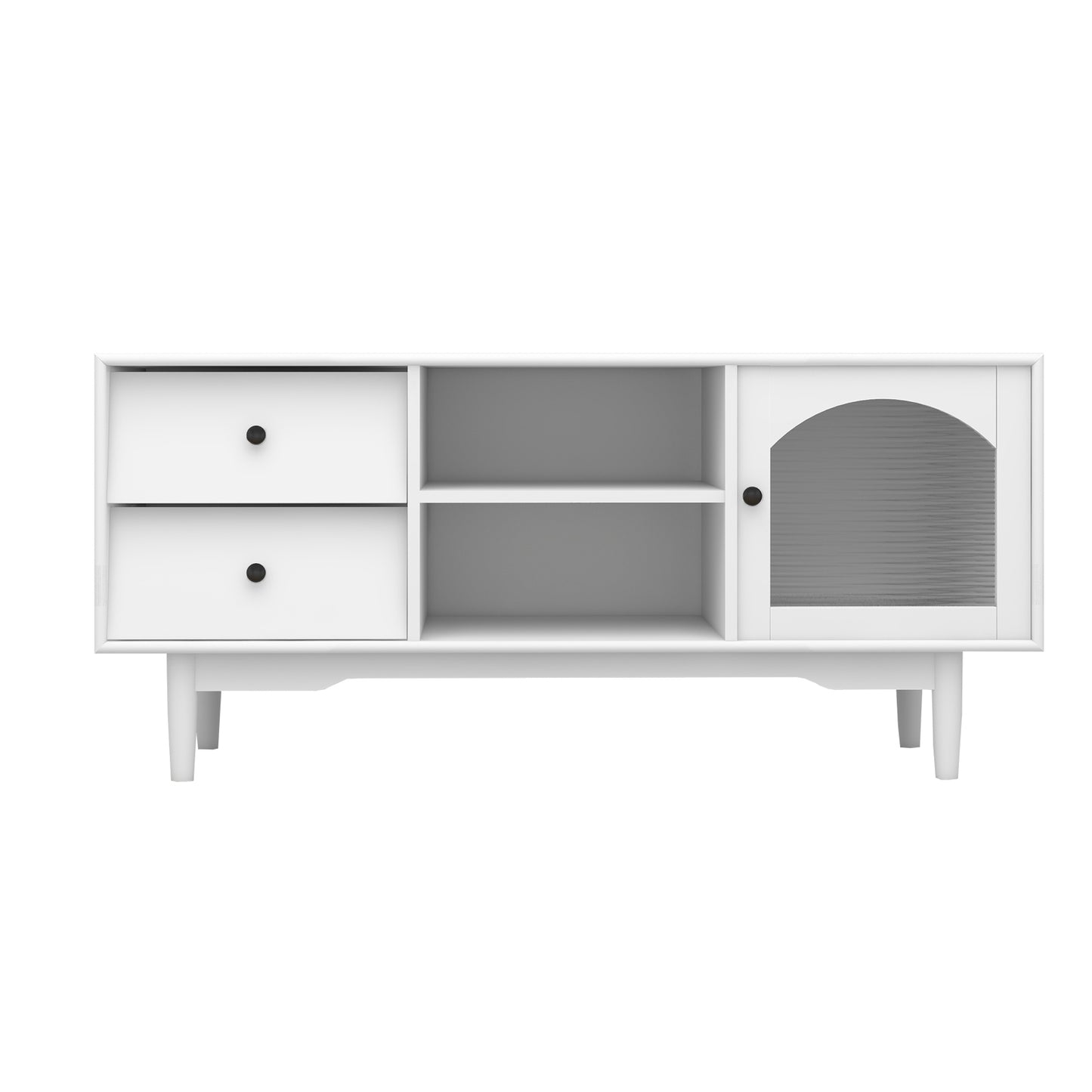 White TV Stand with Drawers, Shelves, and Glass Cabinet for Living Room Storage