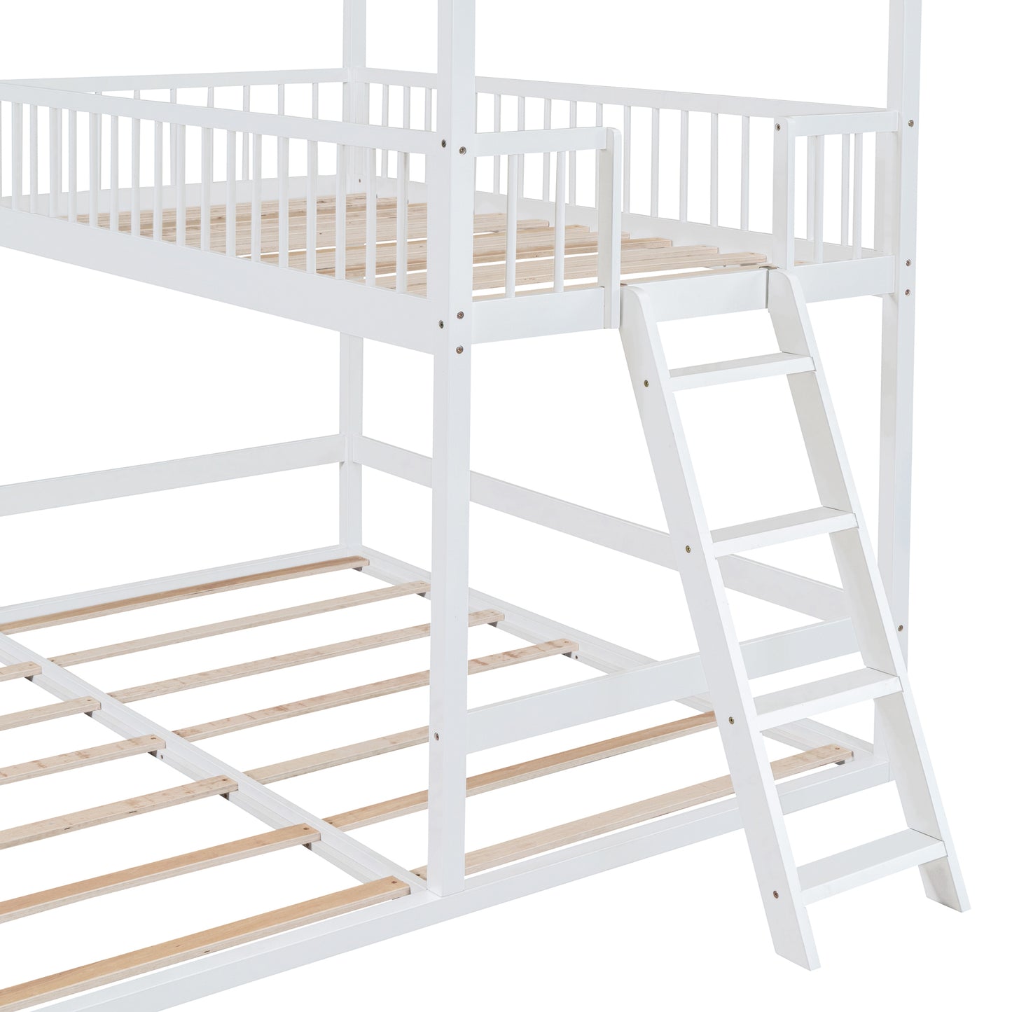 House-Shaped Twin Bunk Bed with Trundle, Ladder, and Twin Over Twin Size Sleep Space