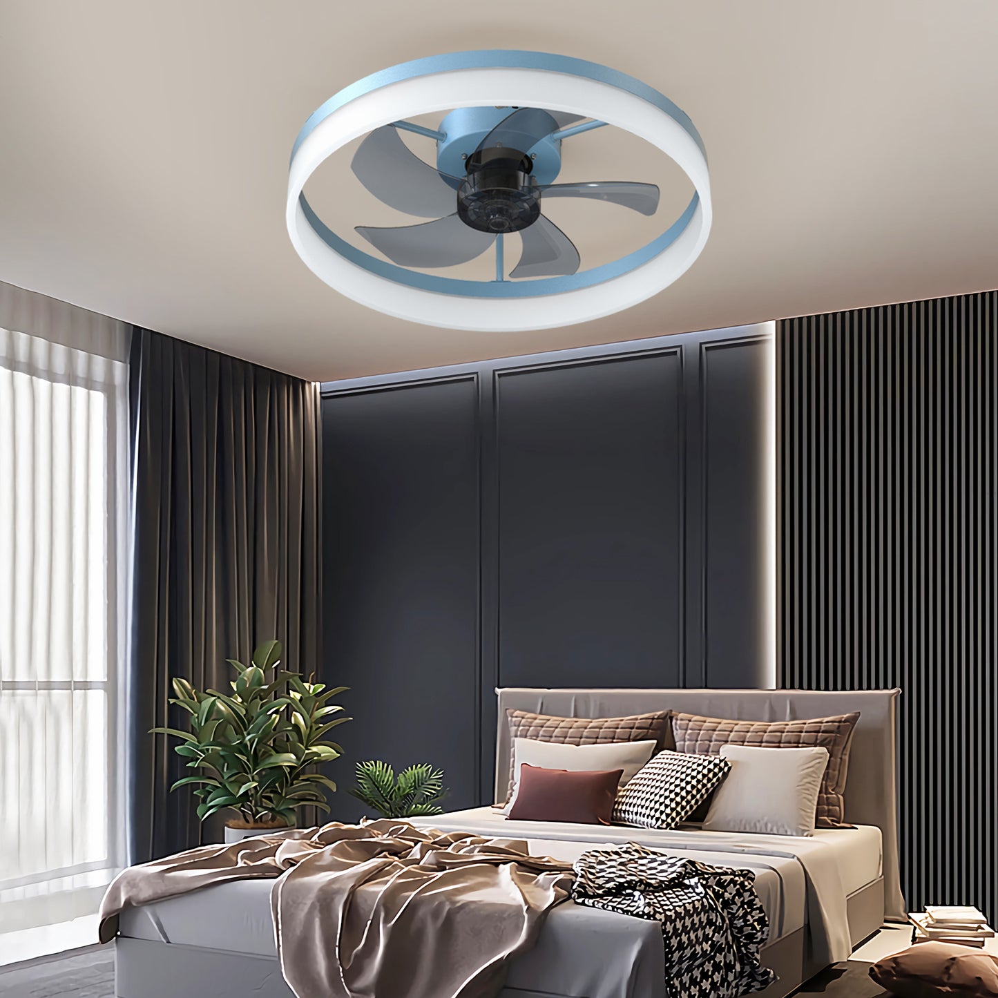 Modern Blue Ceiling Fans with Dimmable LED Lights