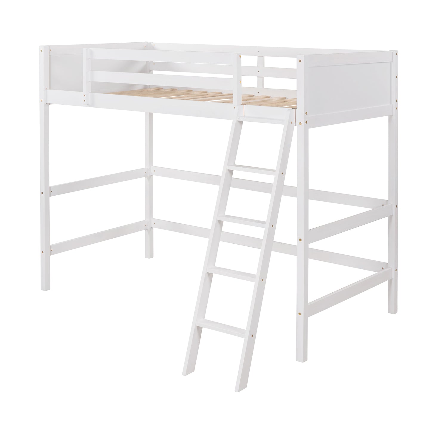 Solid Wood Twin Size Loft Bed with Ladder(White)(: WF191903AAK)