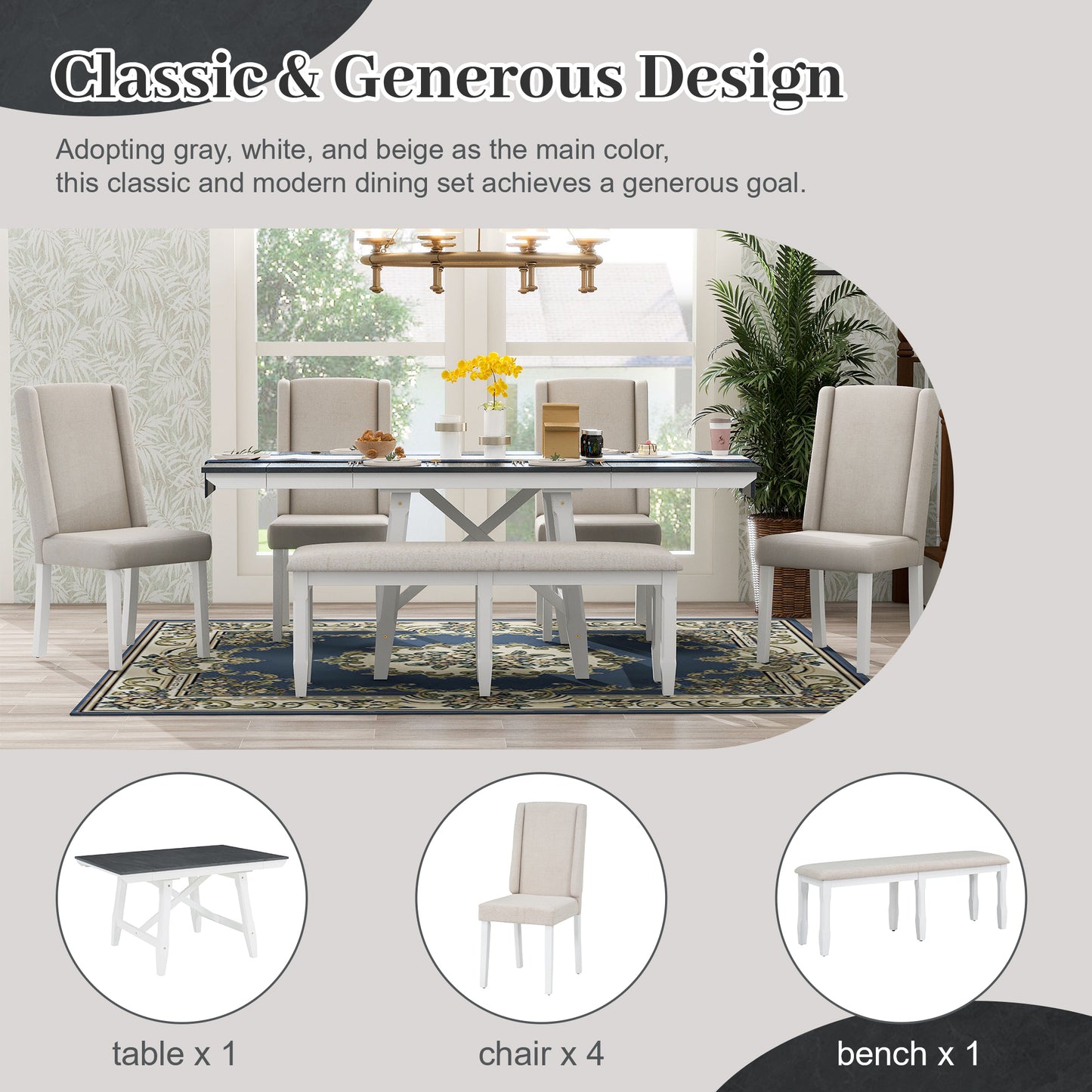 TREXM 6-Piece Classic Dining Table Set, Rectangular Extendable Dining Table with two 12"W Removable Leaves and 4 Upholstered Chairs & 1 Bench for Dining Room (Gray+White)