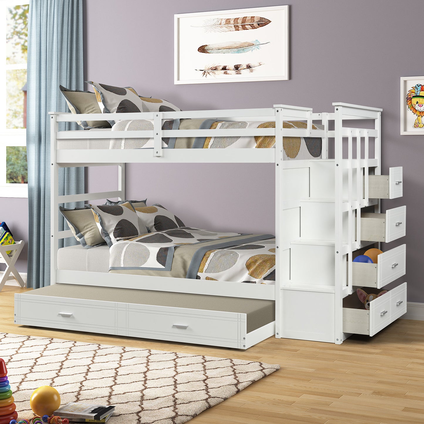 White Solid Wood Twin Bunk Bed with Trundle and Staircase