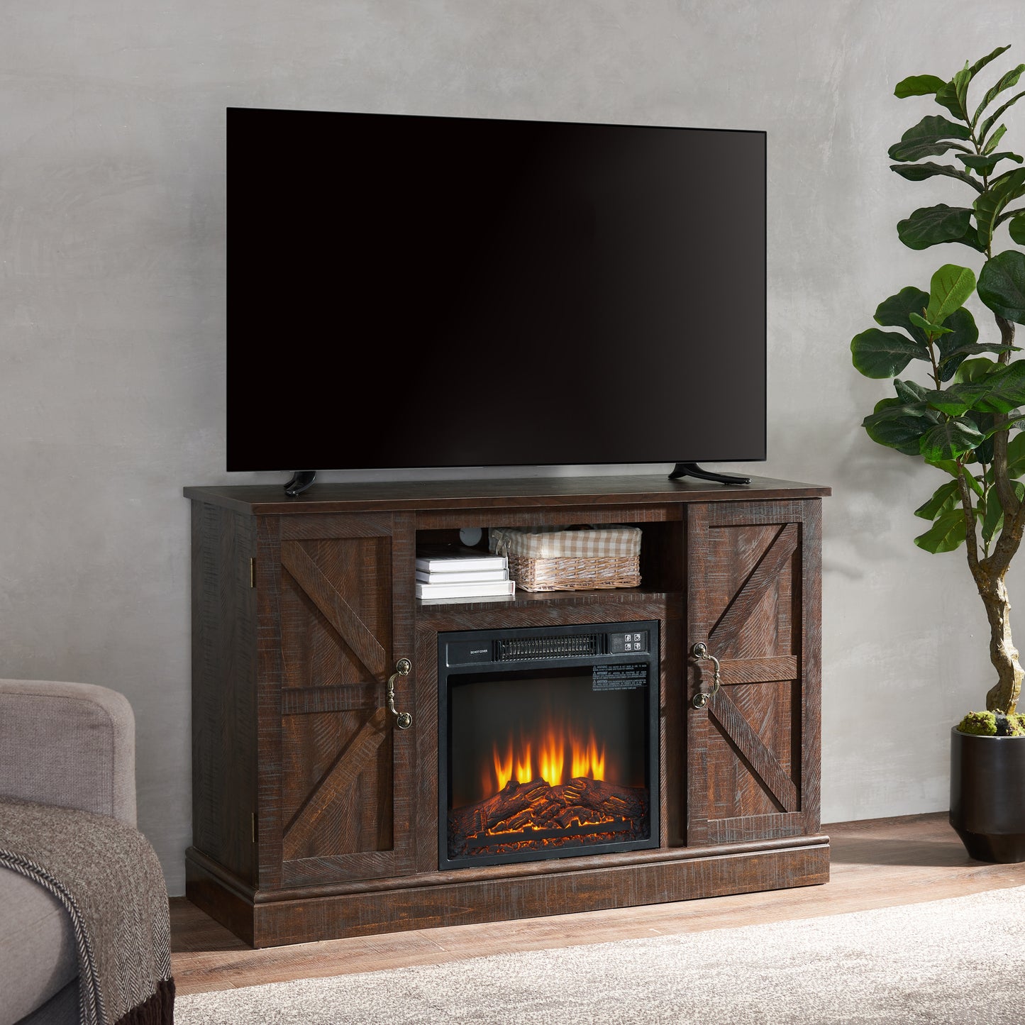 Classic Farmhouse TV Stand with Electric Fireplace Insert and Storage Space for TV up to 50