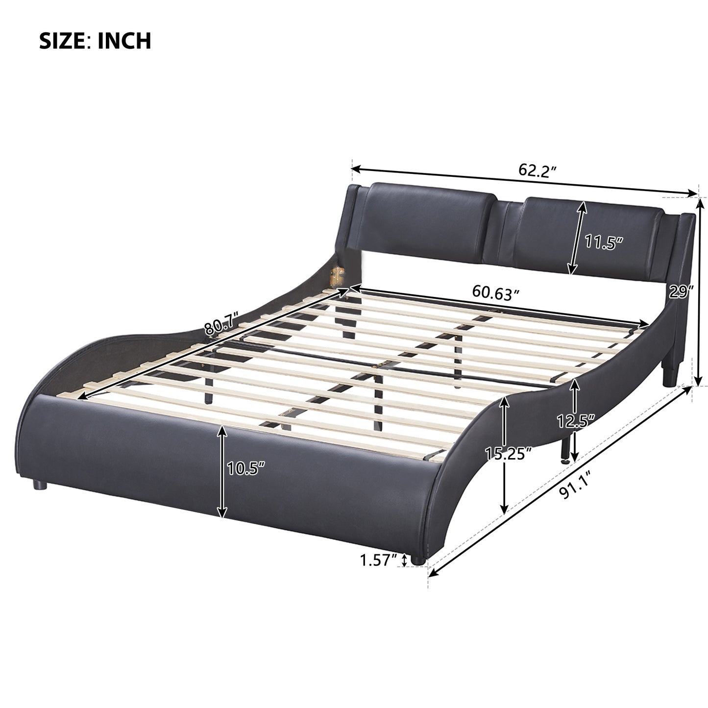 Queen Size Upholstered Faux Leather Platform Bed with LED Light Bed Frame with Slatted - Black