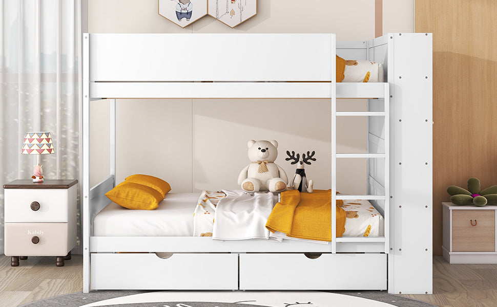 White Full over Full Bunk Bed with Bonus Storage and Multi-layer Cabinet