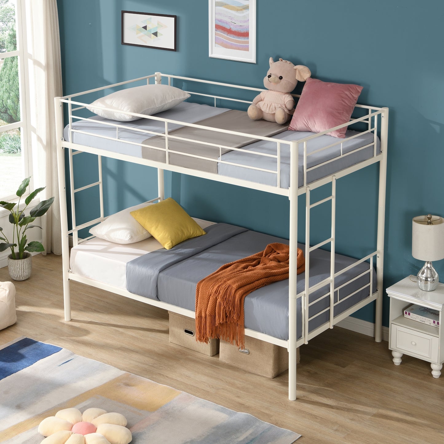 White Metal Convertible Twin Bunk Bed with Safety Guardrails and 2 Ladders