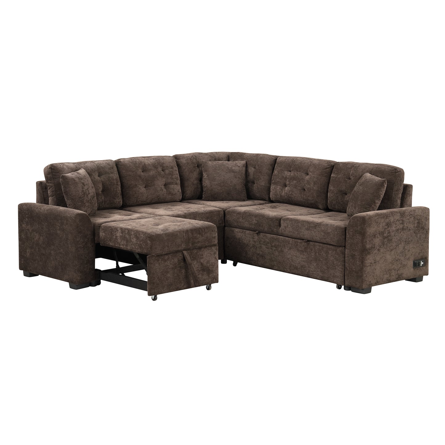 Convertible L-Shape Sleeper Sofa with USB Ports and Power Sockets, Brown