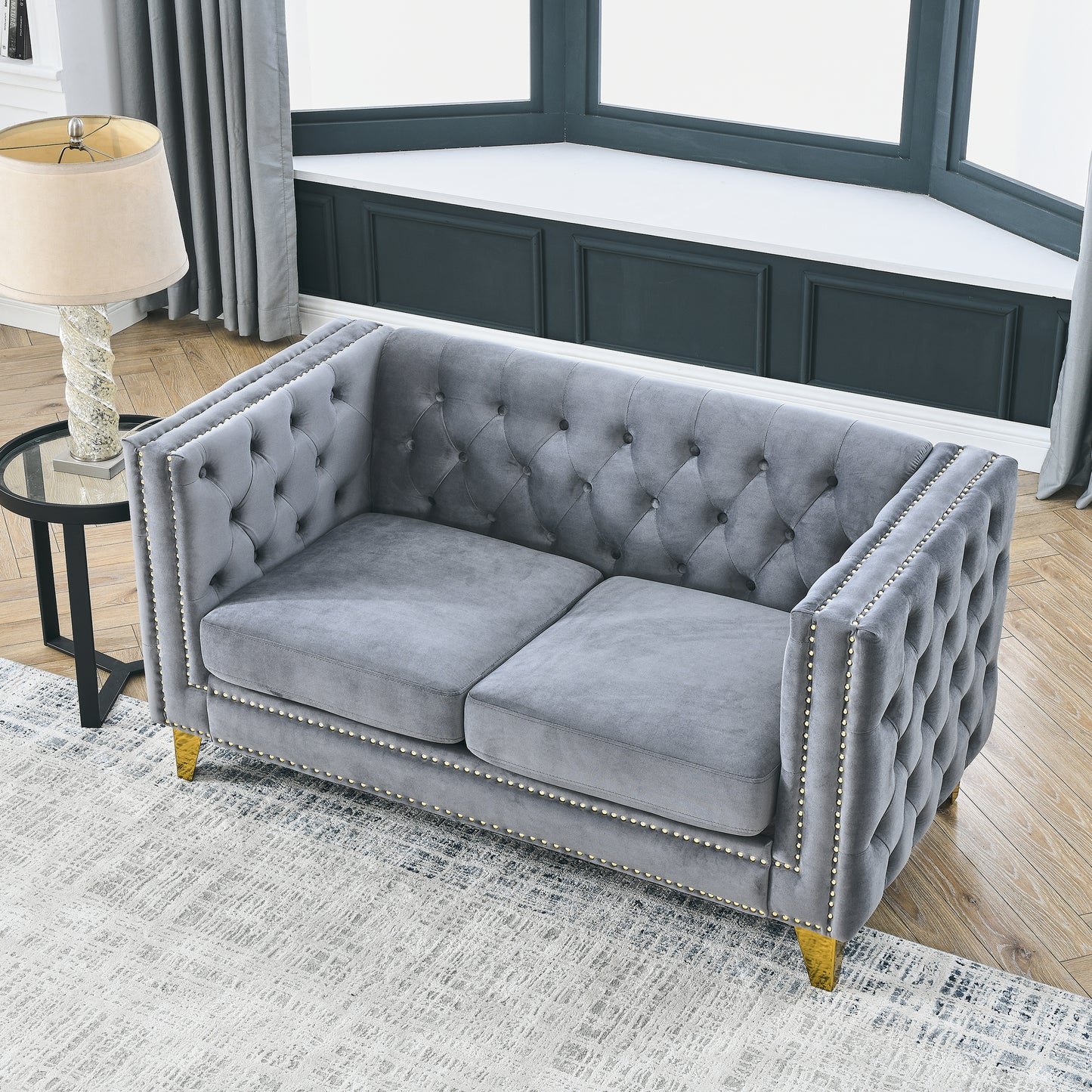 Velvet Sofa for Living Room,Buttons Tufted Square Arm Couch, Modern Couch Upholstered Button and Metal Legs, Sofa Couch for Bedroom, Grey Velvet-2S