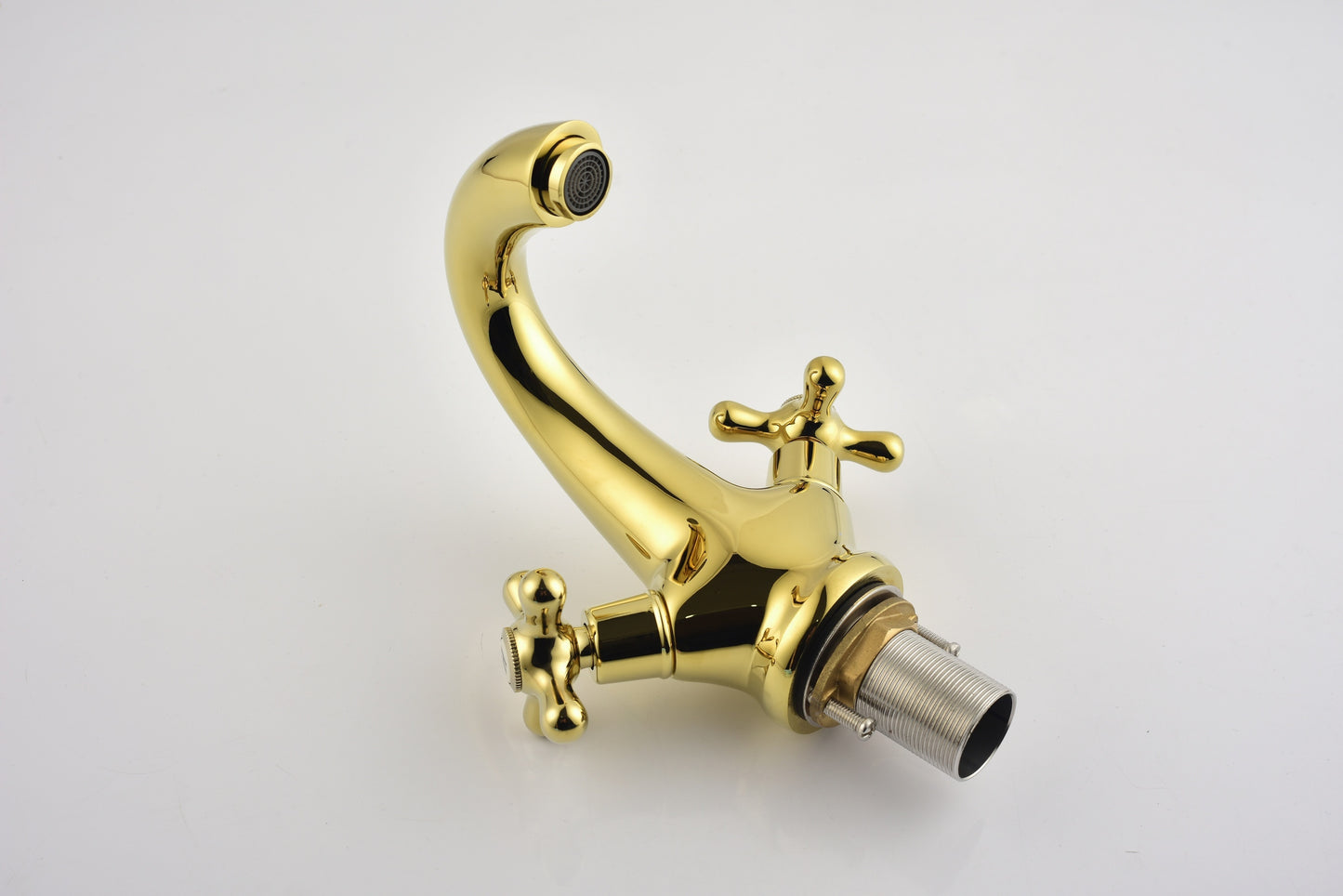 Gold Polished Bathroom Sink Faucet with Double Cross Knobs and Cover Plate