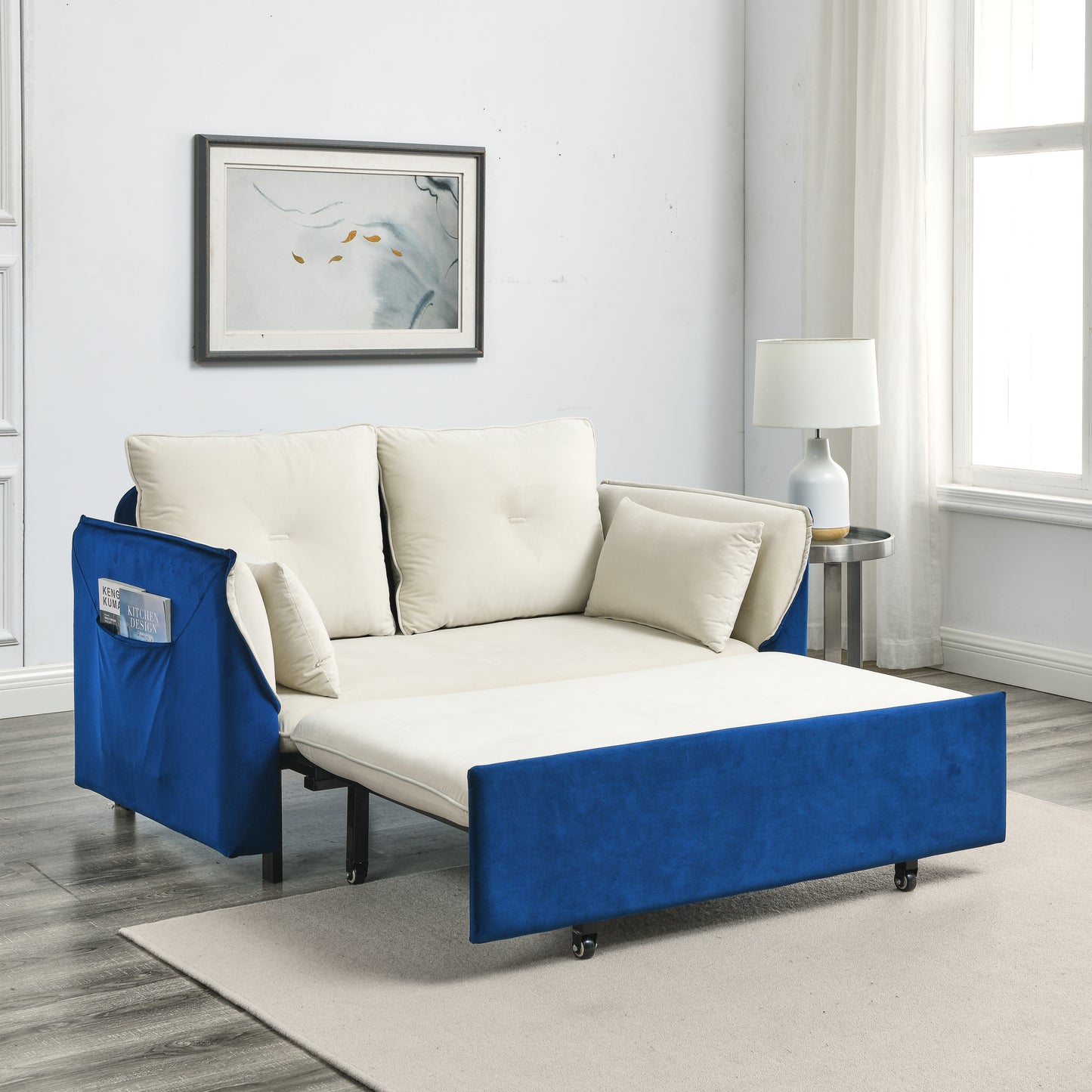 MH 57" Modern Convertible Sofa Bed with 2 Detachable Arm Pockets, Velvet Loveseat Multi-position adjustable Sofa with Pull Out Bed with Bedhead, 2 Pillows and Living Room, WHITE-BLUE