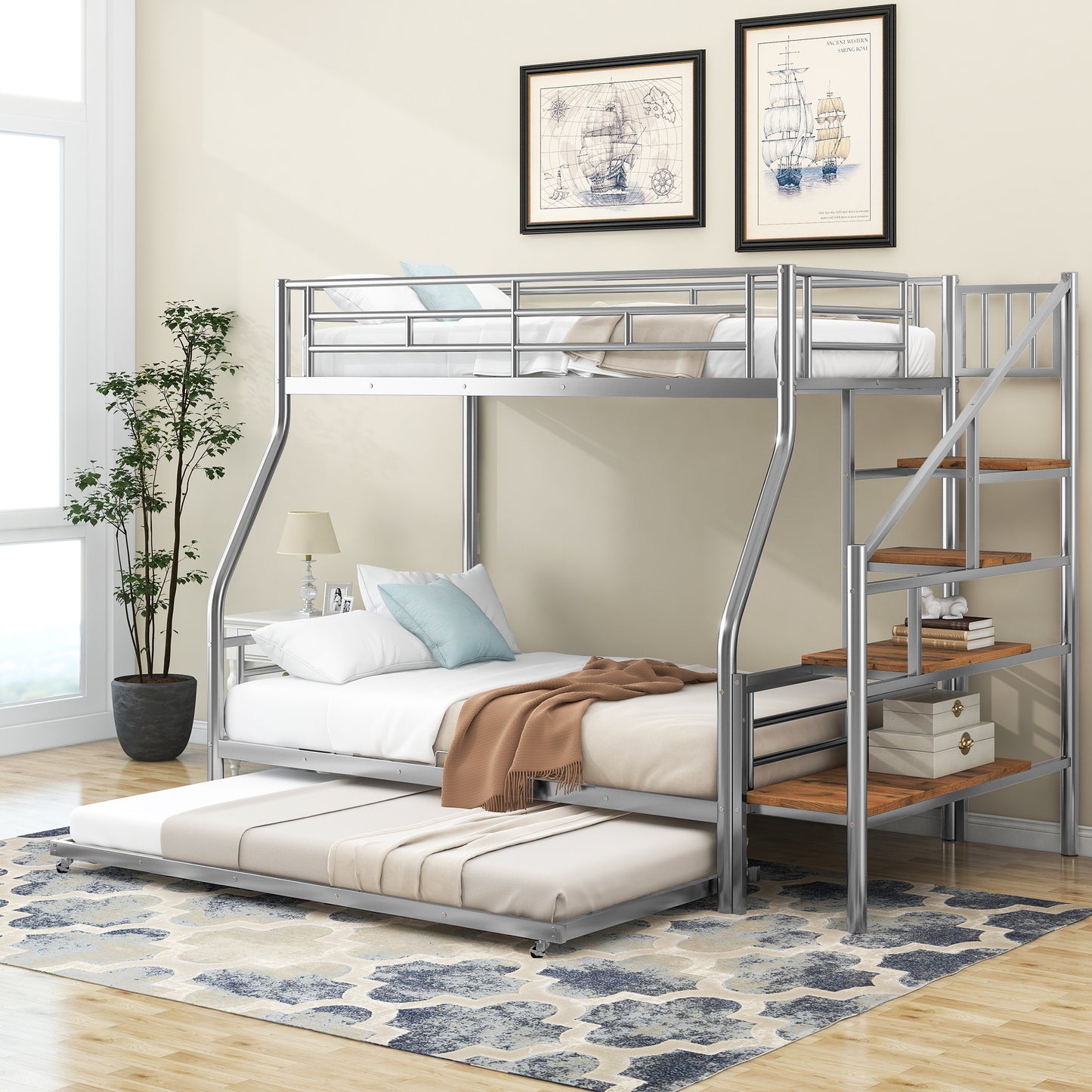 Silver Metal Bunk Bed with Trundle and Storage Staircase