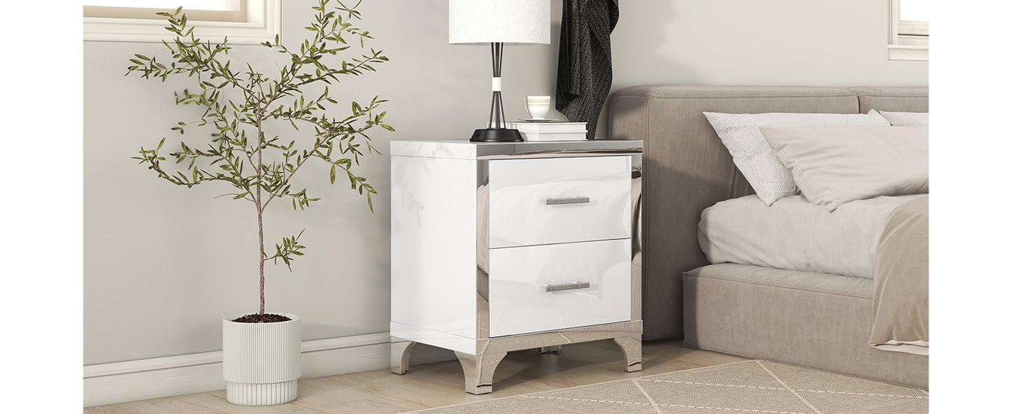 Elegant High Gloss Nightstand with Metal Handle,Mirrored Bedside Table with 2 Drawers for Bedroom,Living Room,White