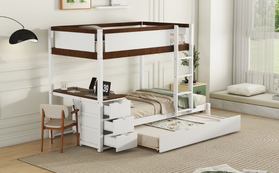 Twin Bunk Bed with Trundle, Storage, Desk, White-Walnut Finish & Maximized Space Storage Solution