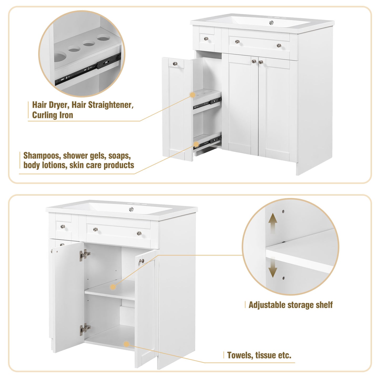 30" White Bathroom vanity with Single Sink ,Combo Cabinet Undermount Sink,Bathroom Storage Cabinet vanities