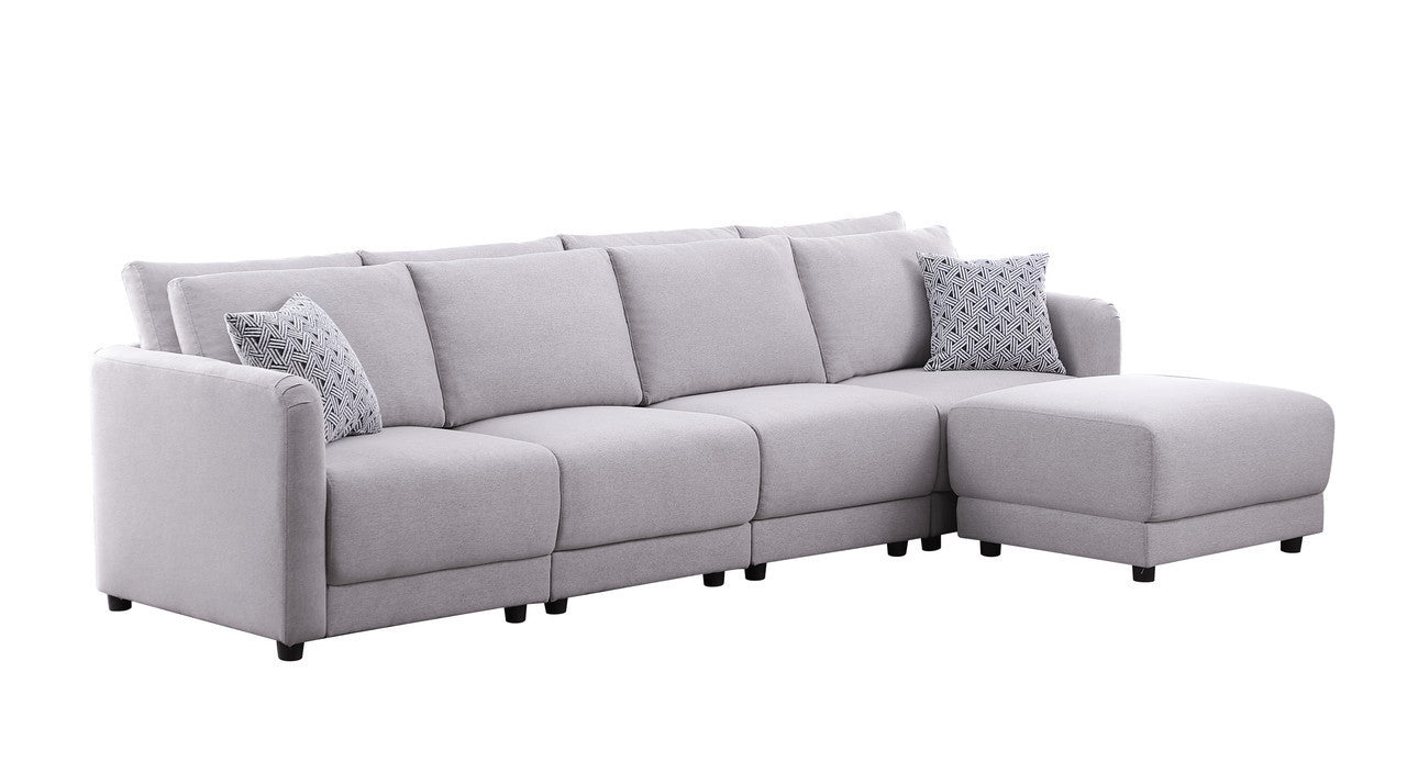 Penelope Light Gray Linen Fabric 4-Seater Sofa with Ottoman and Pillows