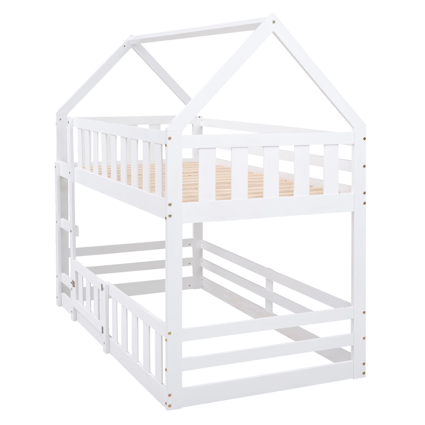 Enchanted White Twin over Twin House Bunk Bed with Playful Fence and Entryway