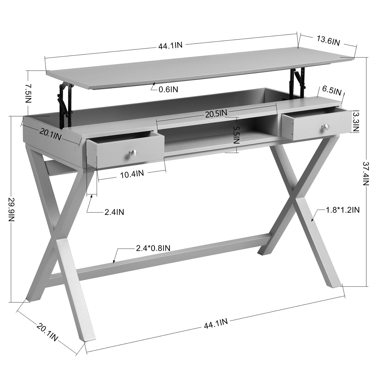 Adjustable Lift Desk with Farmhouse Style and Storage, Grey