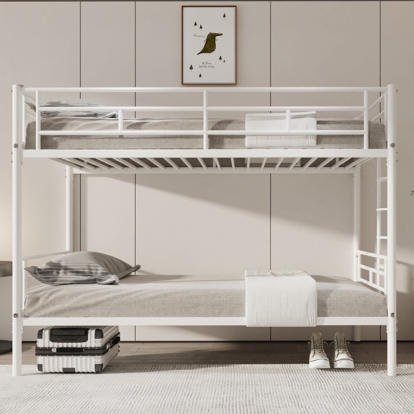 White Metal Twin Bunk Bed with Easy Assembly & Secure Guardrails