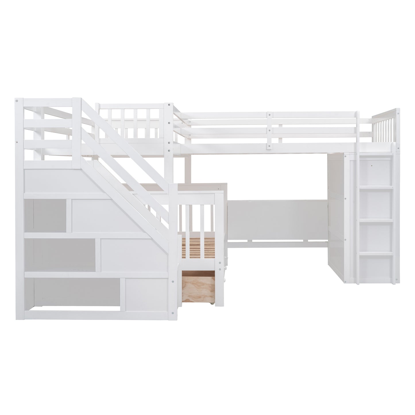 L-Shaped Bunk Bed Set with Desks, Wardrobe, Drawers, White - Space-Saving Sleepover Solution