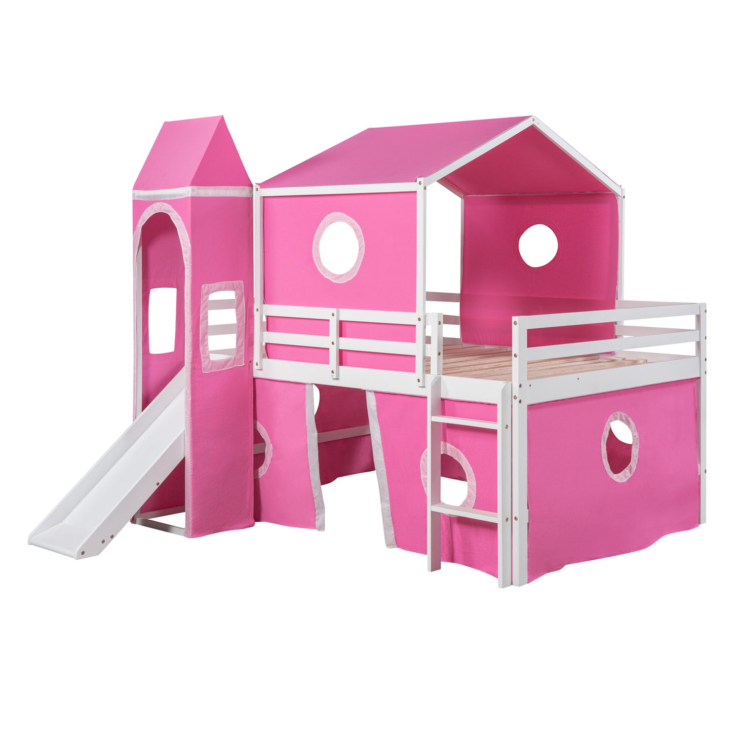 Pink Castle Loft Bed with Slide Tower