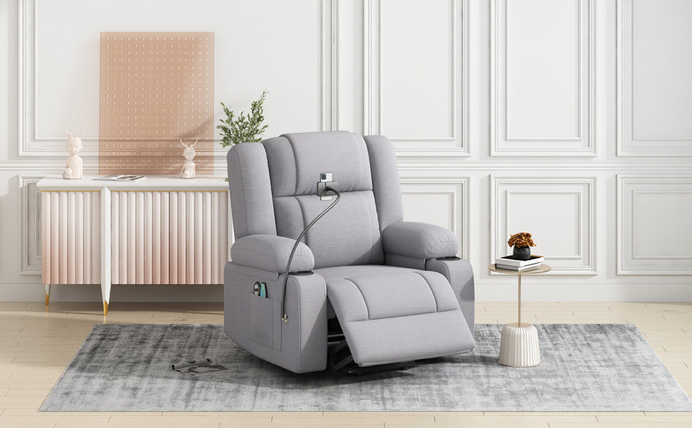 Grey Electric Power Lift Recliner Chair with Massage, Heat, Storage, and Swivel Phone Holder