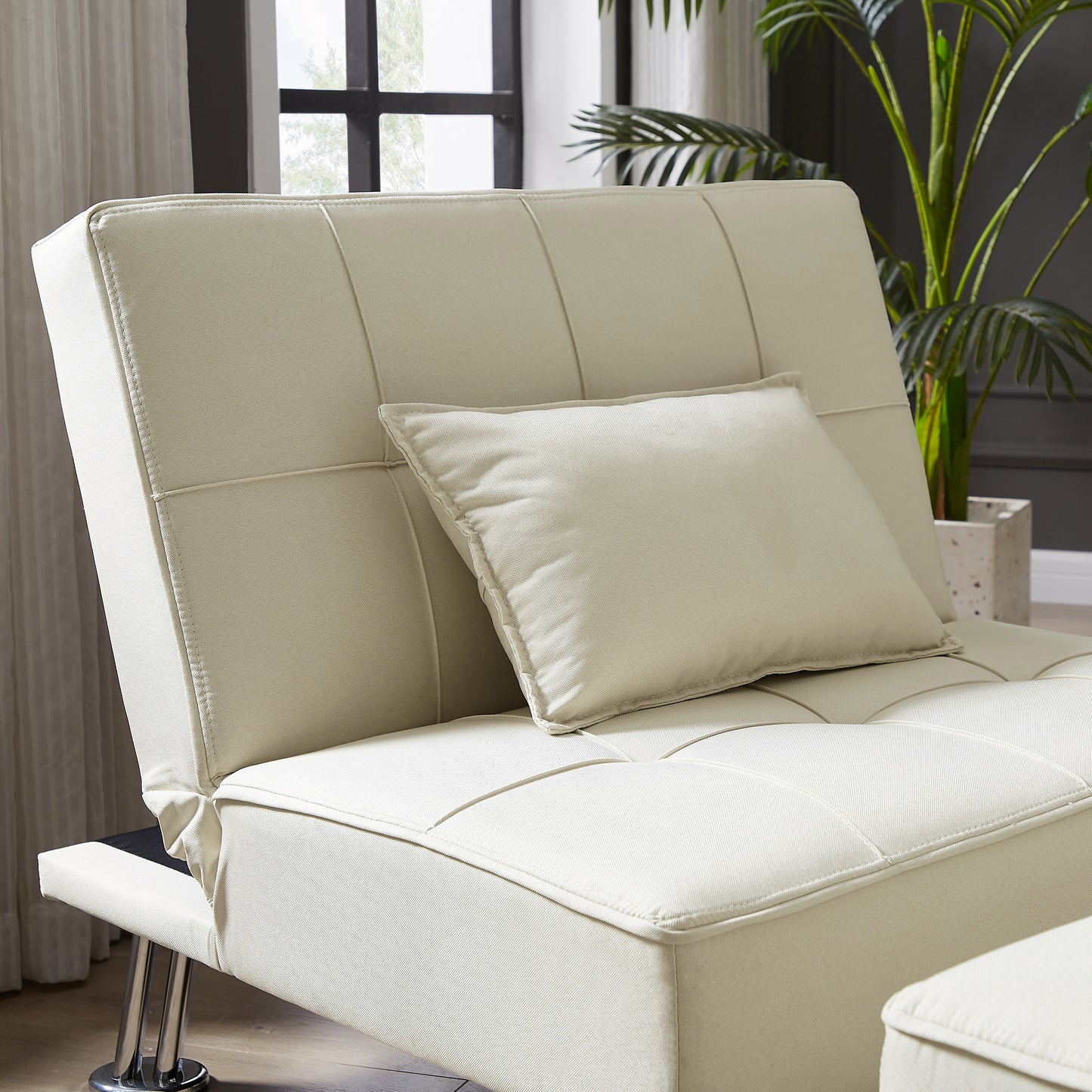 BEIGE  Fabric Single Sofa Bed with Ottoman , Convertible Folding Futon Chair, Lounge Chair Set with Metal Legs .