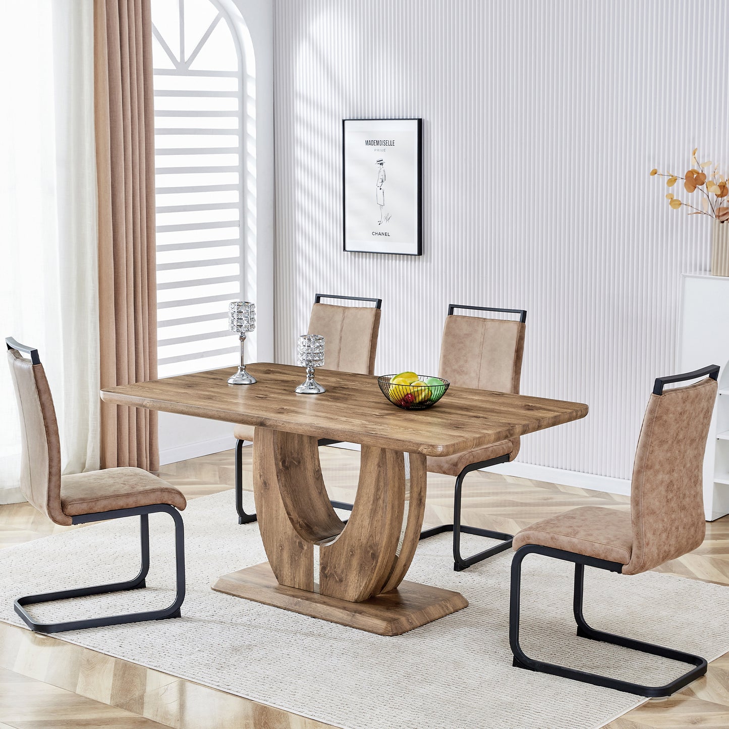 5 Piece Modern Dining Table Set, Rectangular Kitchen Table Set with Wooden Tabletop＆4 Pu Leather Upholstered Chairs Ideal for Dining Room, Kitchen