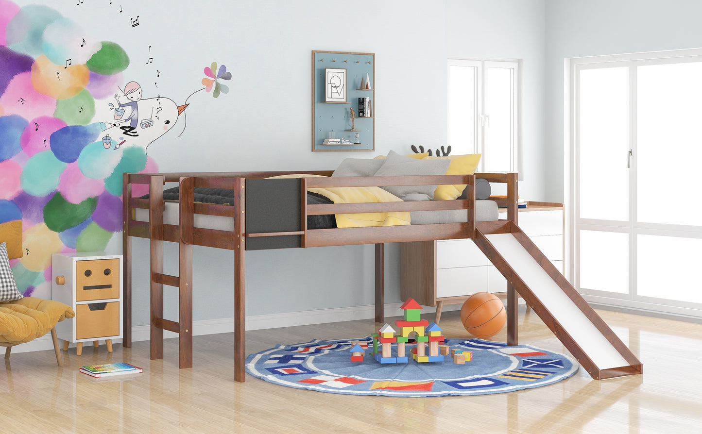 Full size Loft Bed Wood Bed with Slide, Stair and Chalkboard,Walnut