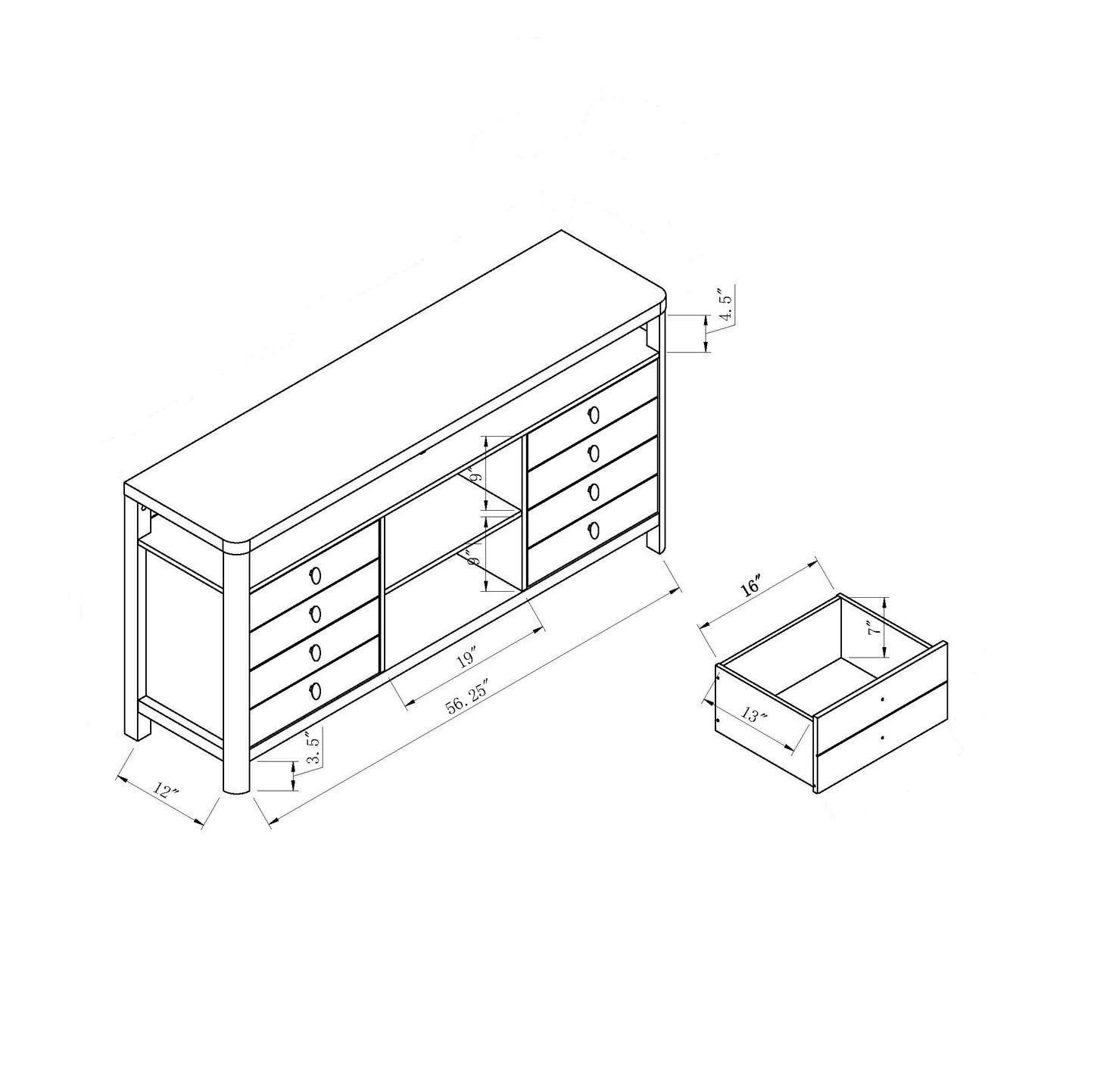 Modern Red Cocoa TV Stand and Buffet with Two-Tier Shelving and Eight Drawers.