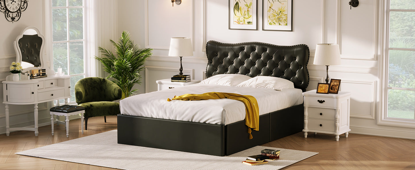 Full Size Bed Frame with 4 Storage Drawers,Leather Upholstered Platform Heavy Duty Bed,Wood Slat Support,Black