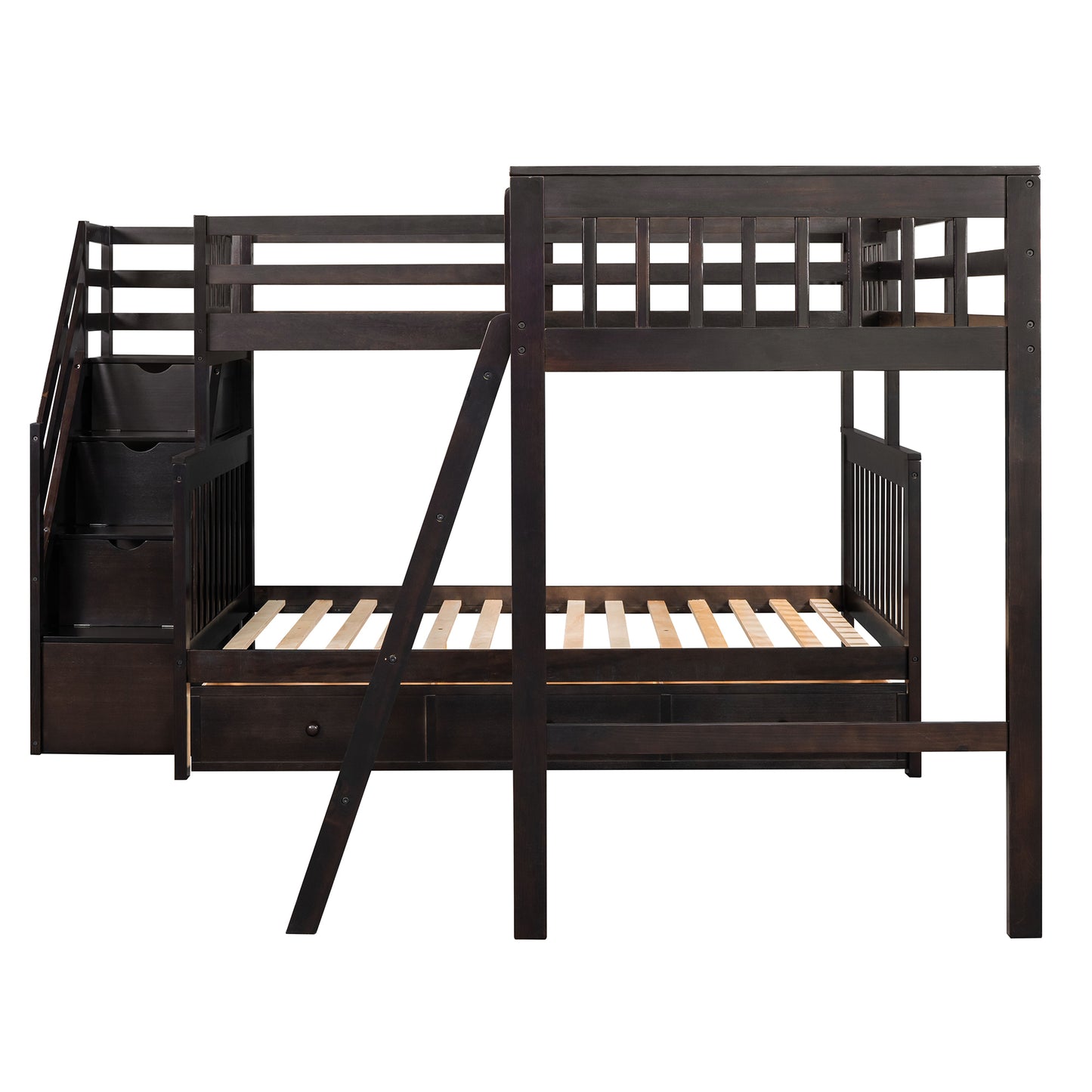 Espresso Twin over Full Bunk Bed with 3 Storage Drawers, Ladder, and Staircase