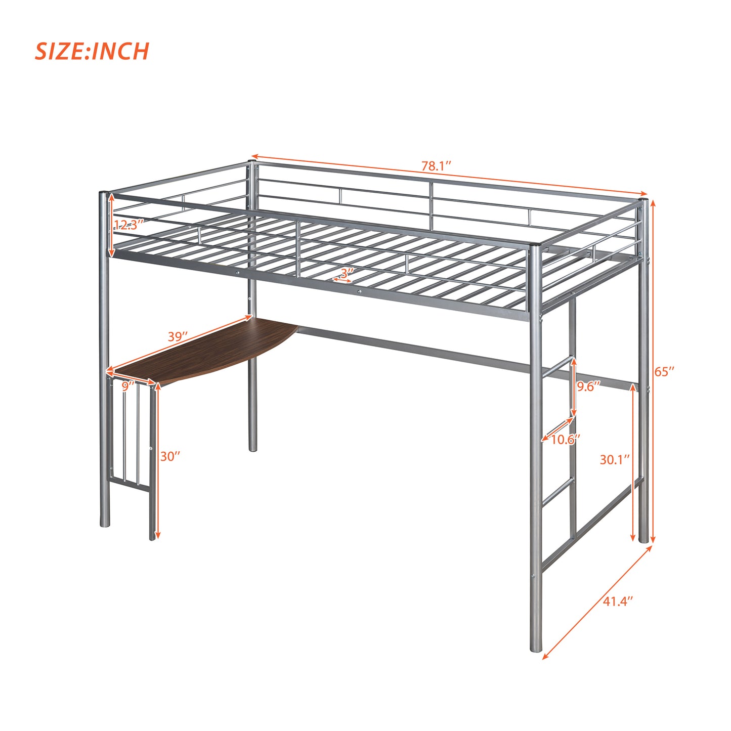 Metal Loft Bed with Built-in Desk, Ladder and Guardrails, Twin Bed for Small Bedrooms, Silver: MF195191AAN