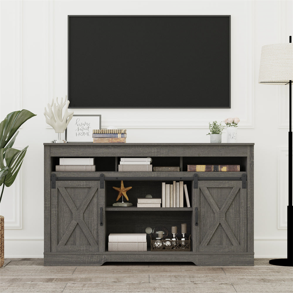 Rustic Gray Farmhouse TV Stand with Movable Barn Door Storage Cabinet