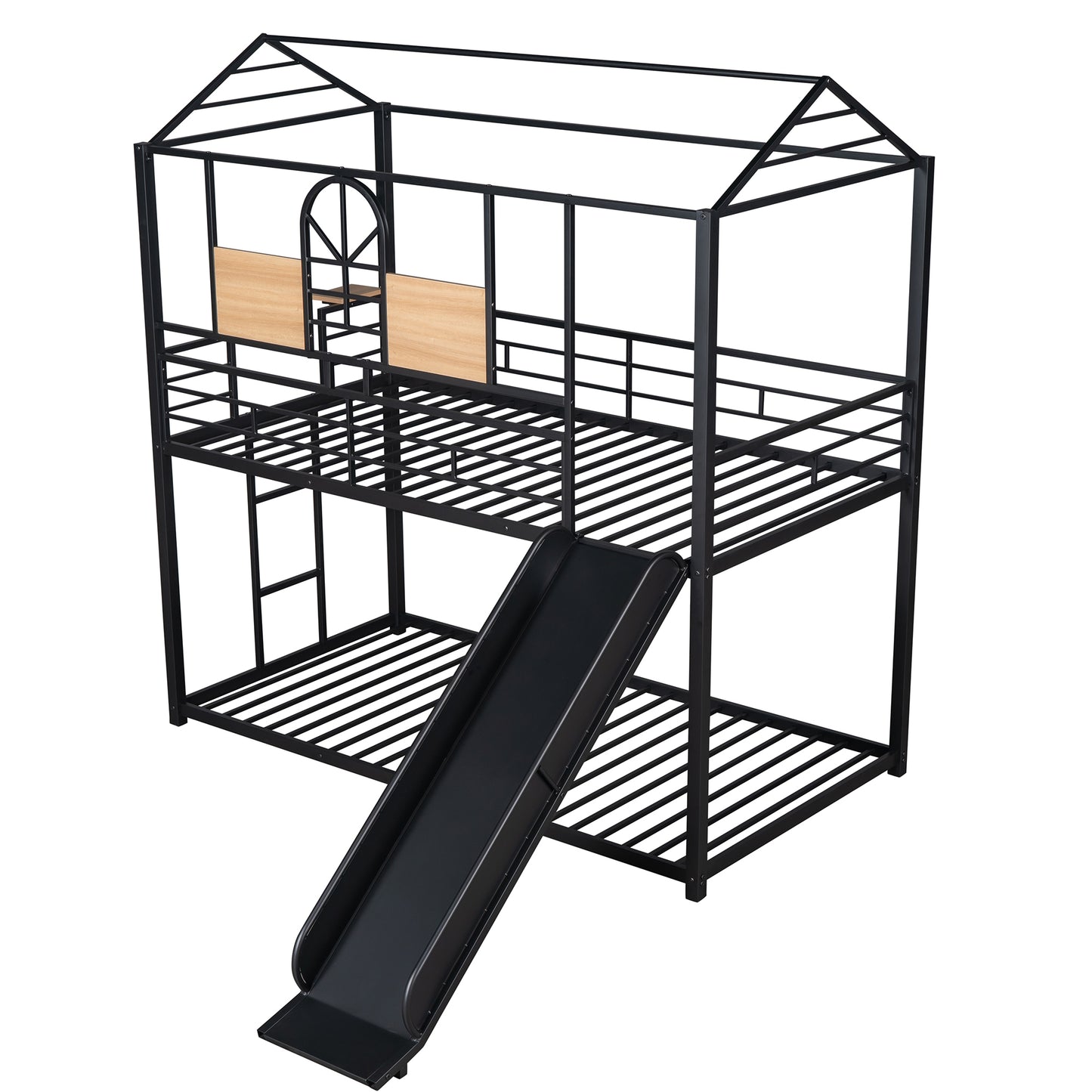 Metal Bunk Bed with Playhouse Design and Slide in Multiple Color Options