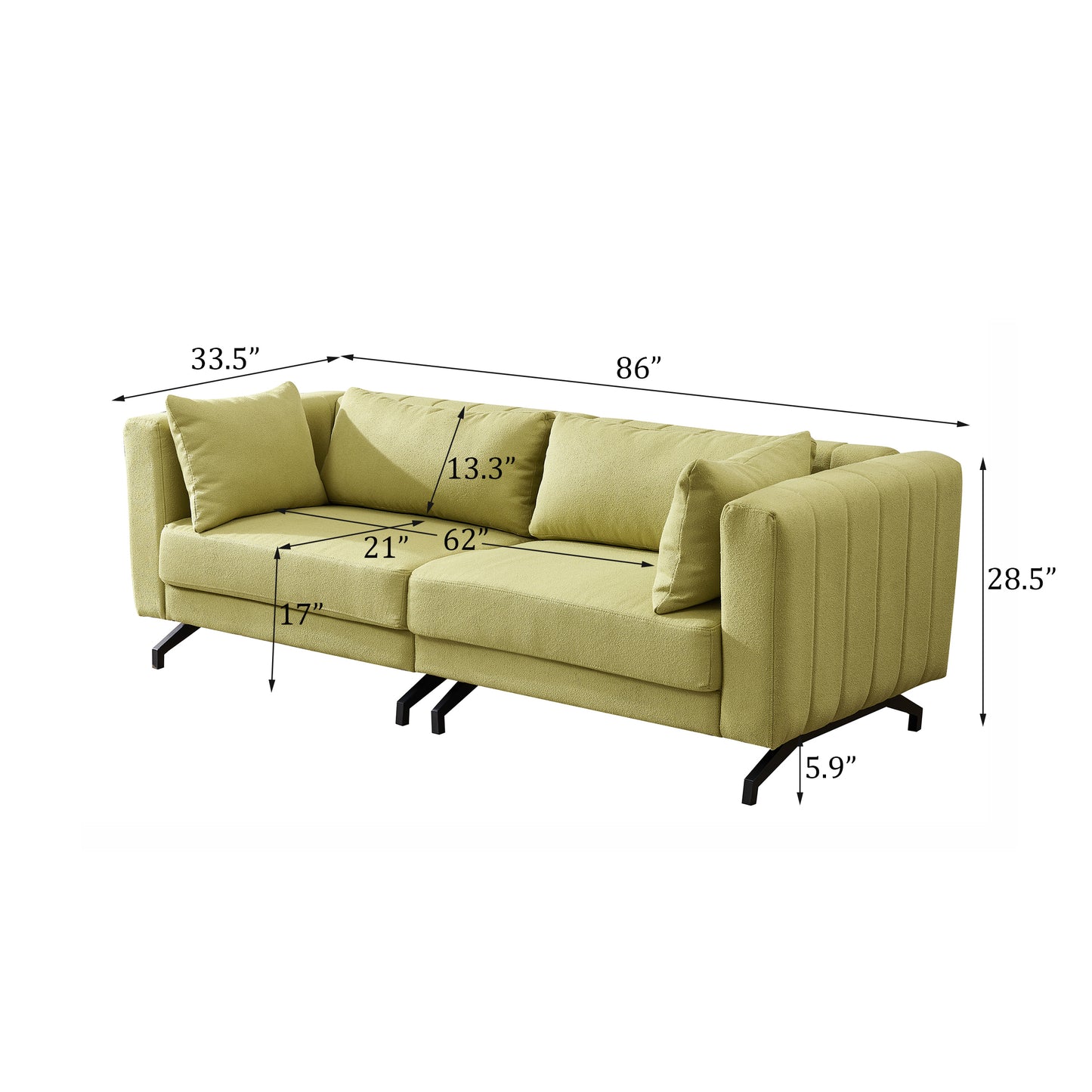 Living  Room  Sofa Couch with Metal Legs Light Green Fabric