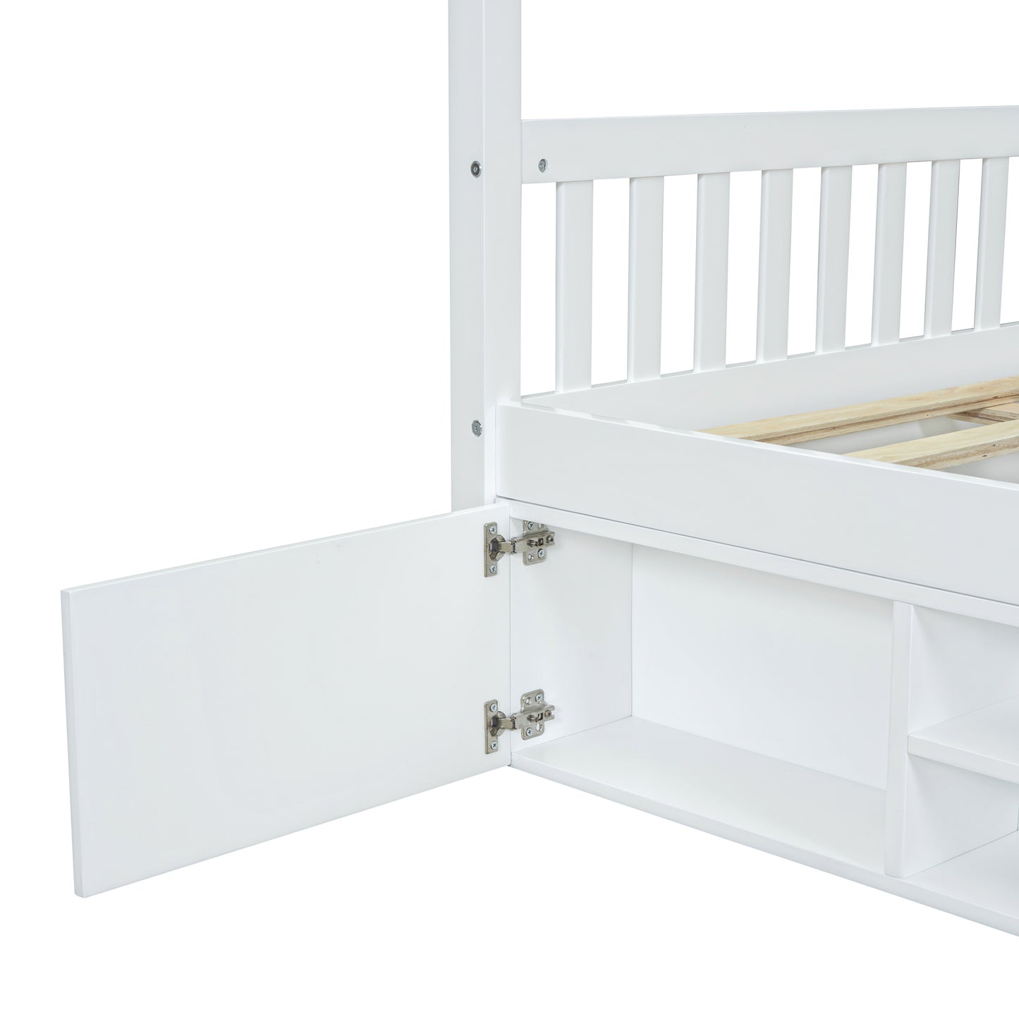 Full Size Wooden House Bed with Shelves and a Mini-cabinet, White