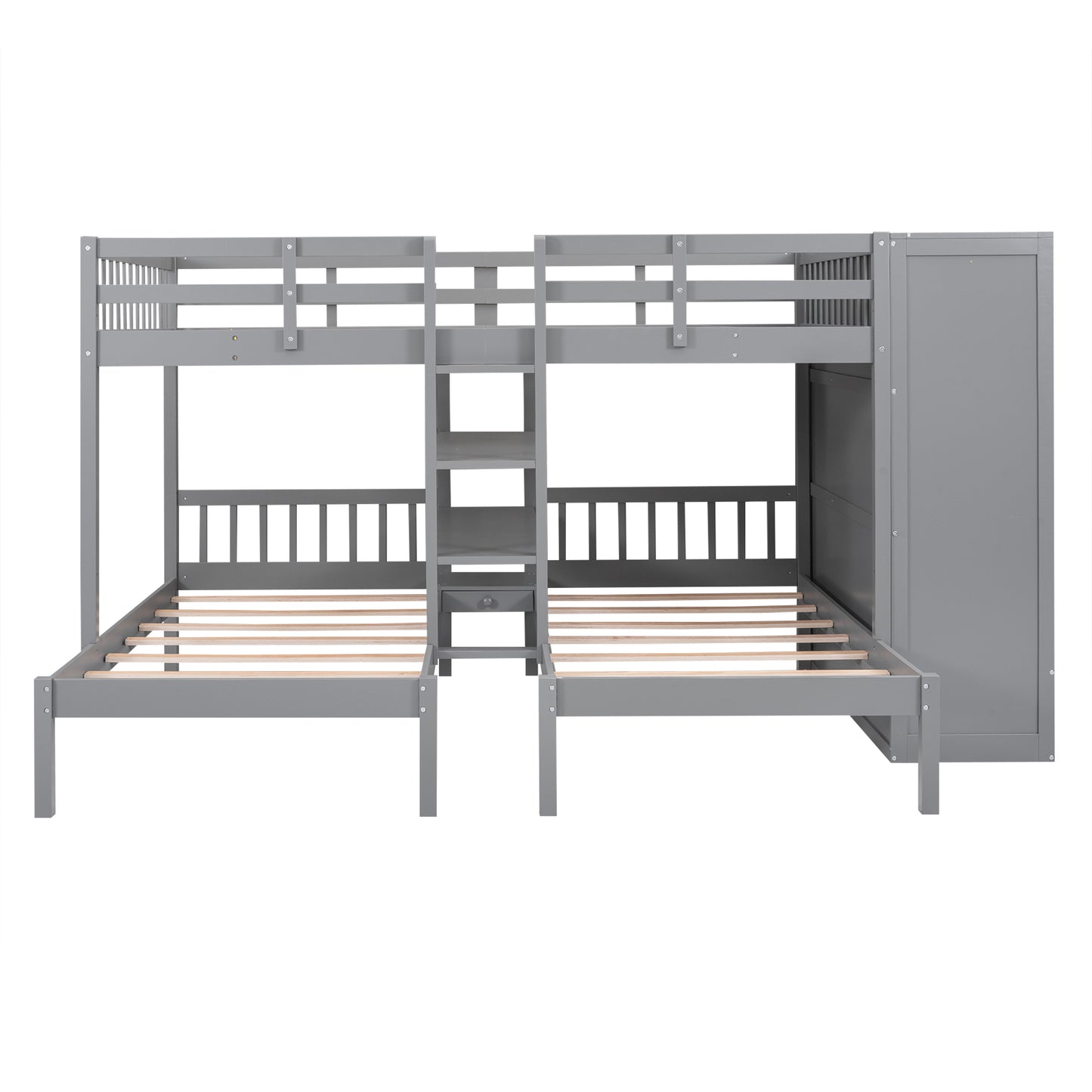 Gray Twin-Twin over Full Bunk Bed with Shelves, Wardrobe, Mirror