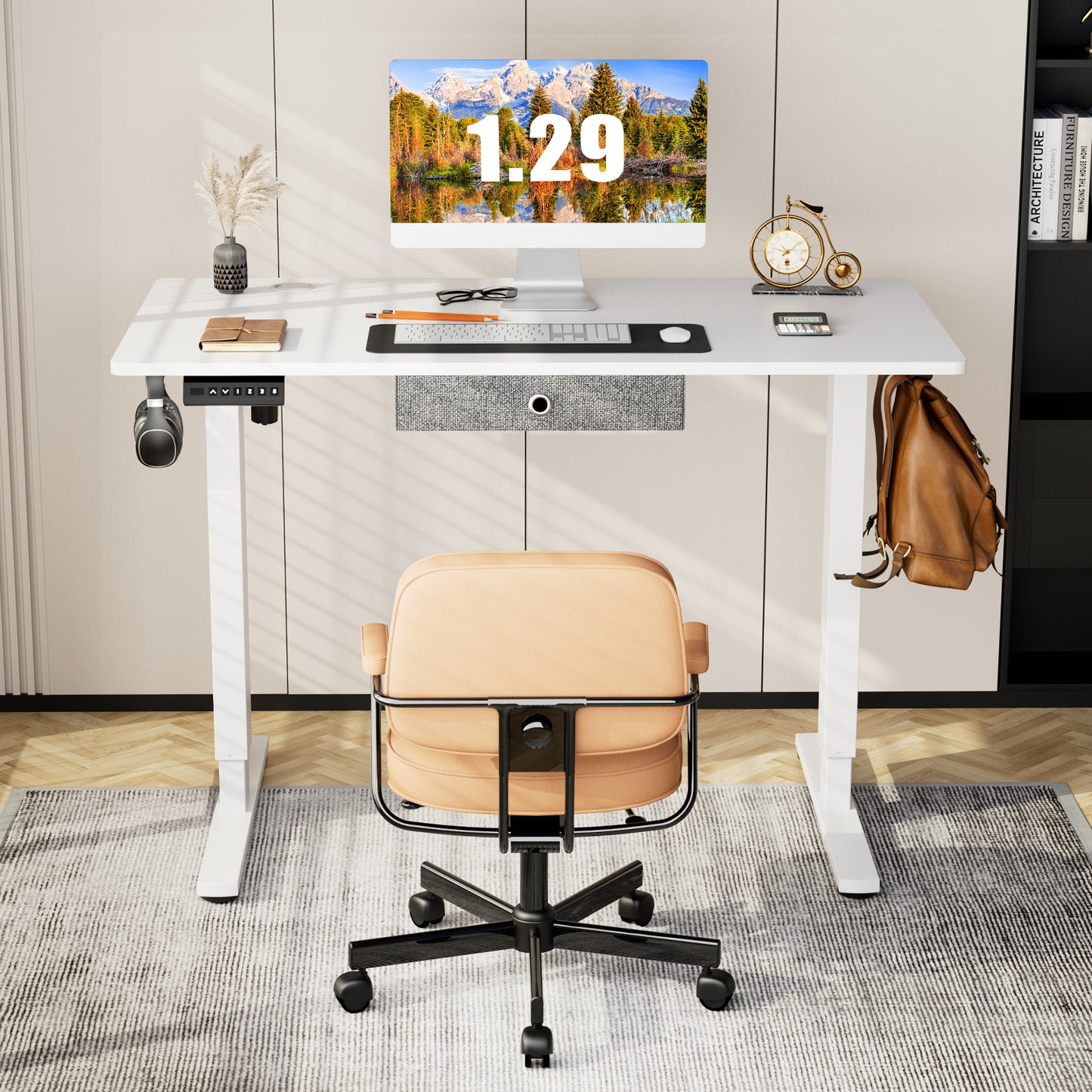 Height-Adjustable Electric Standing Desk with Drawer and Memory Presets, 55 x 24 Inches White