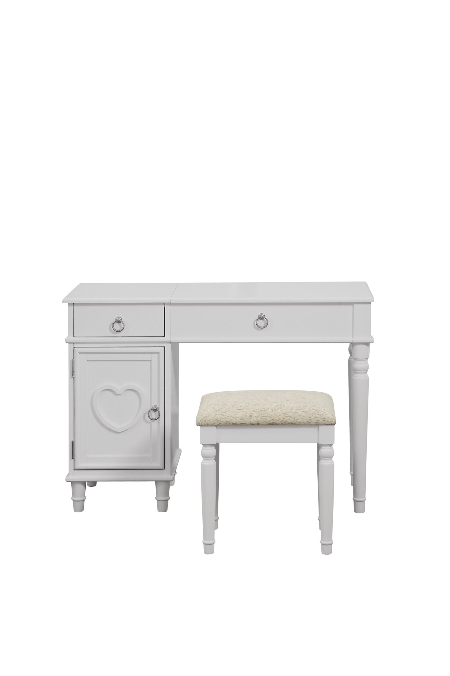 Bedroom Vanity Set w Stool Open Up Mirror Storage Space Drawers Rubber wood Ring Pull Handles White Color Vanity