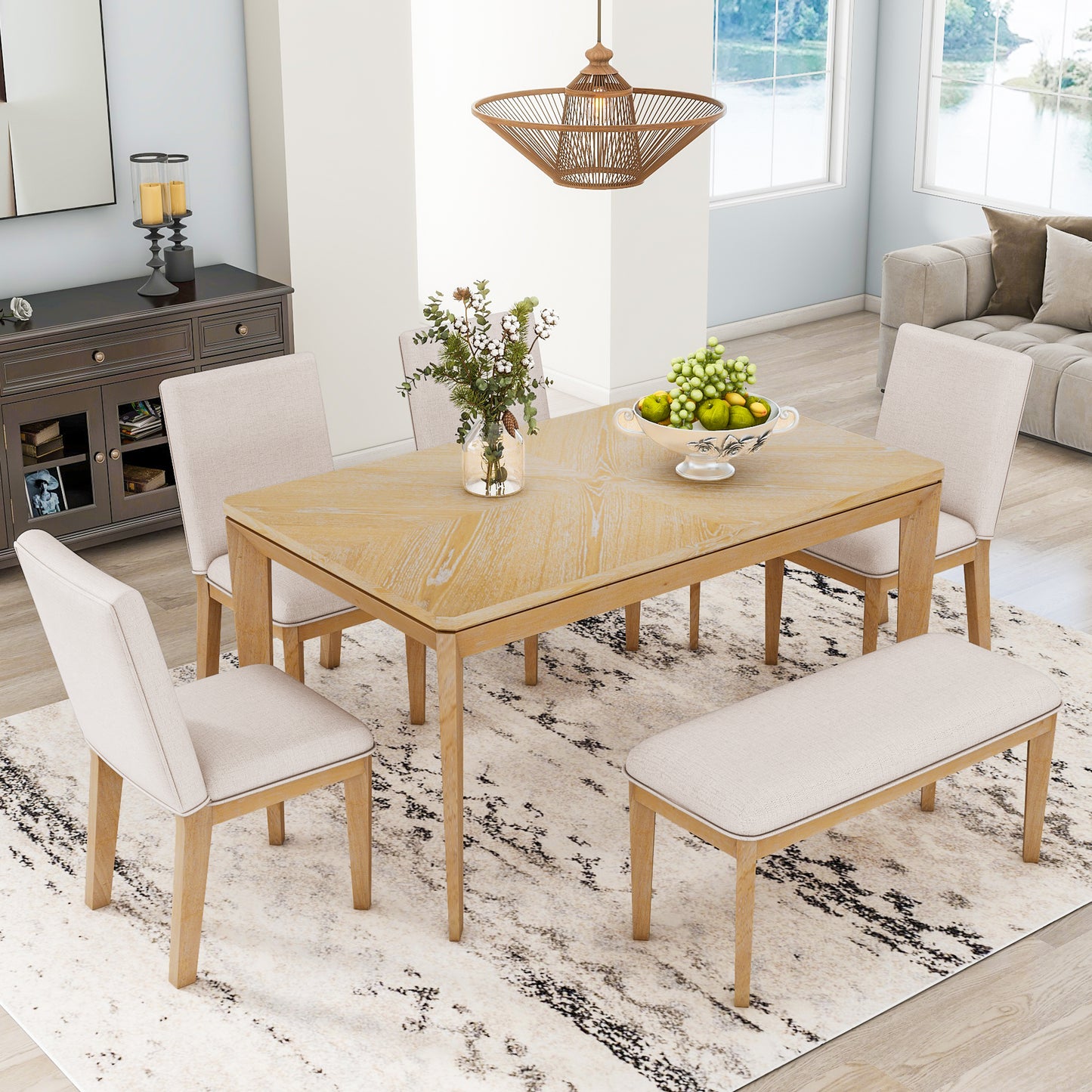 6-Piece Dining Table Set with Upholstered Dining Chairs and Bench,Farmhouse Style, Tapered Legs, Natural+Beige