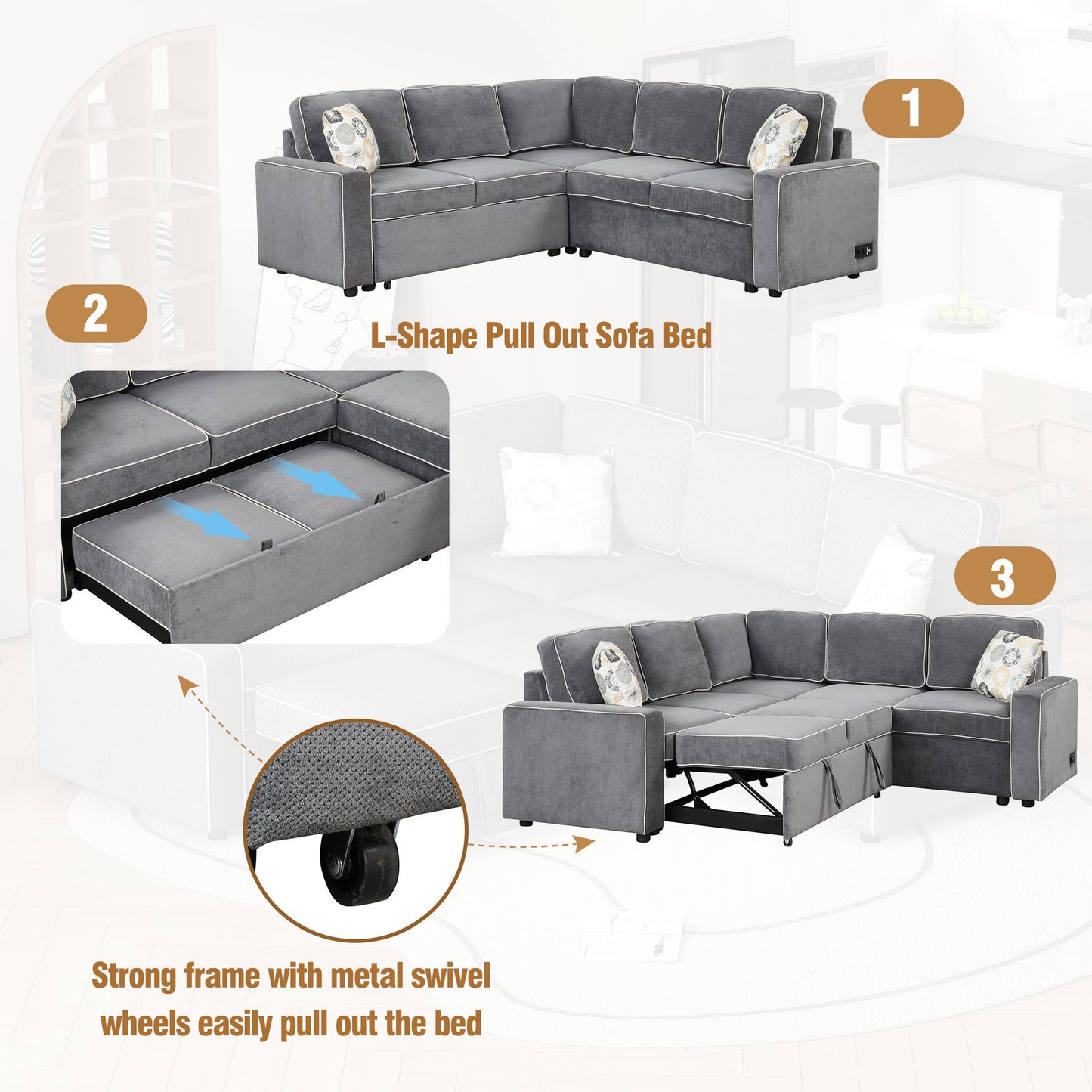 83 L-Shaped Convertible Sleeper Sofa with USB ports, Power Sockets, and Pillows, Gray