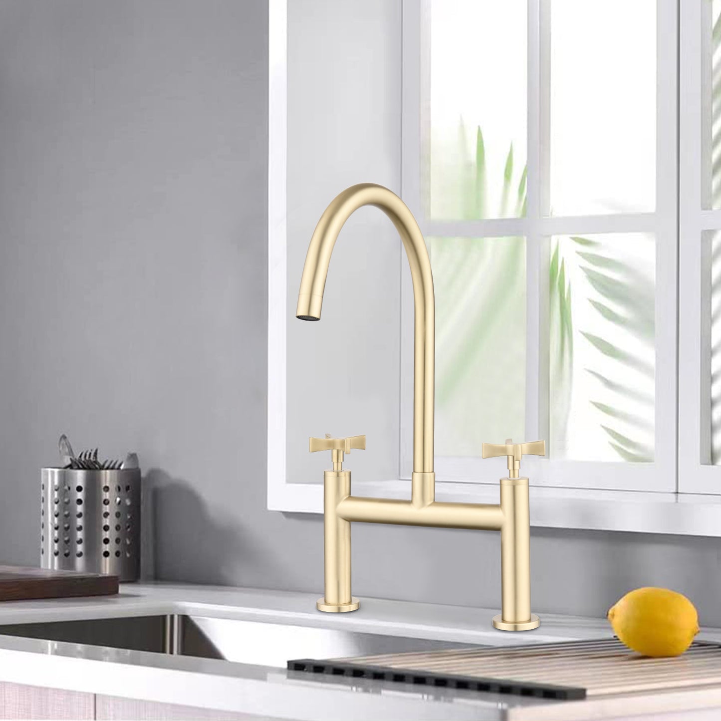 2 Handle Bridge Kitchen Faucet In Stainless Steel