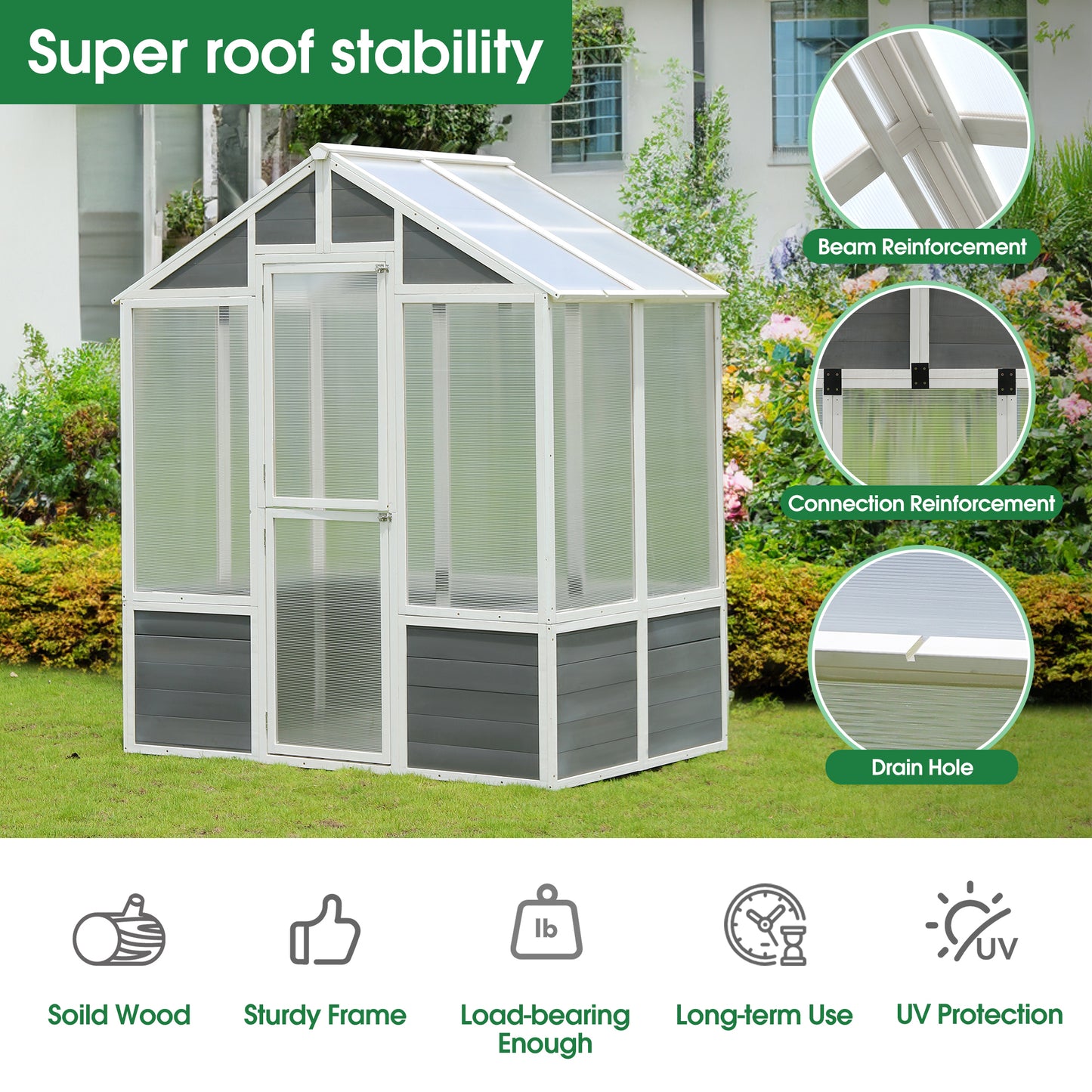 76''x48''x86'' Polycarbonate Greenhouse, Walk-in Outdoor Plant Gardening Greenhouse for Patio Backyard Lawn, Cold Frame Wooden Greenhouse Garden Shed for Plants, Grow House with Front Entry Door