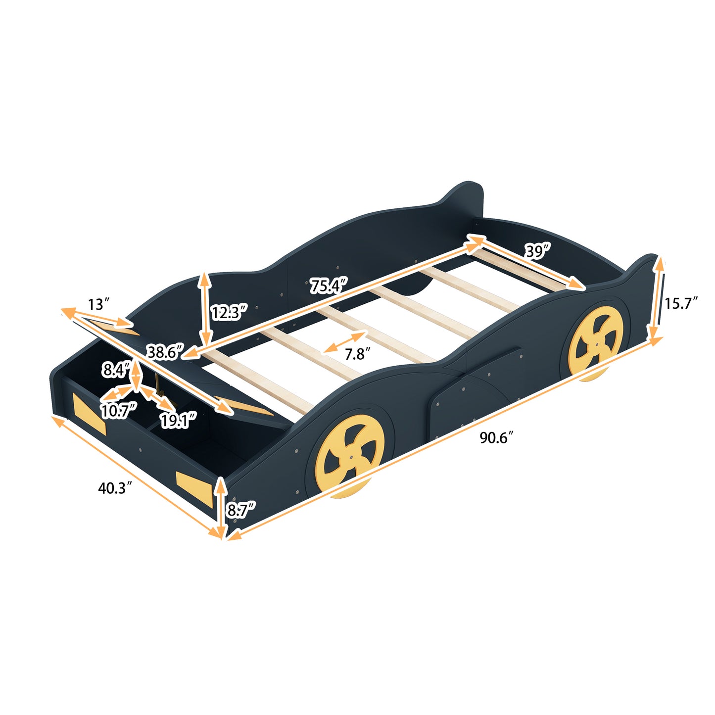 Twin Size Race Car-Shaped Platform Bed with Wheels and Storage, Dark Blue+Yellow