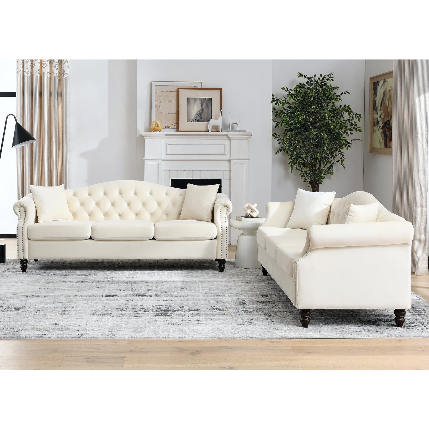 3-Seater Beige Velvet Chesterfield Sofa Set with Nailhead Trim and Low Back